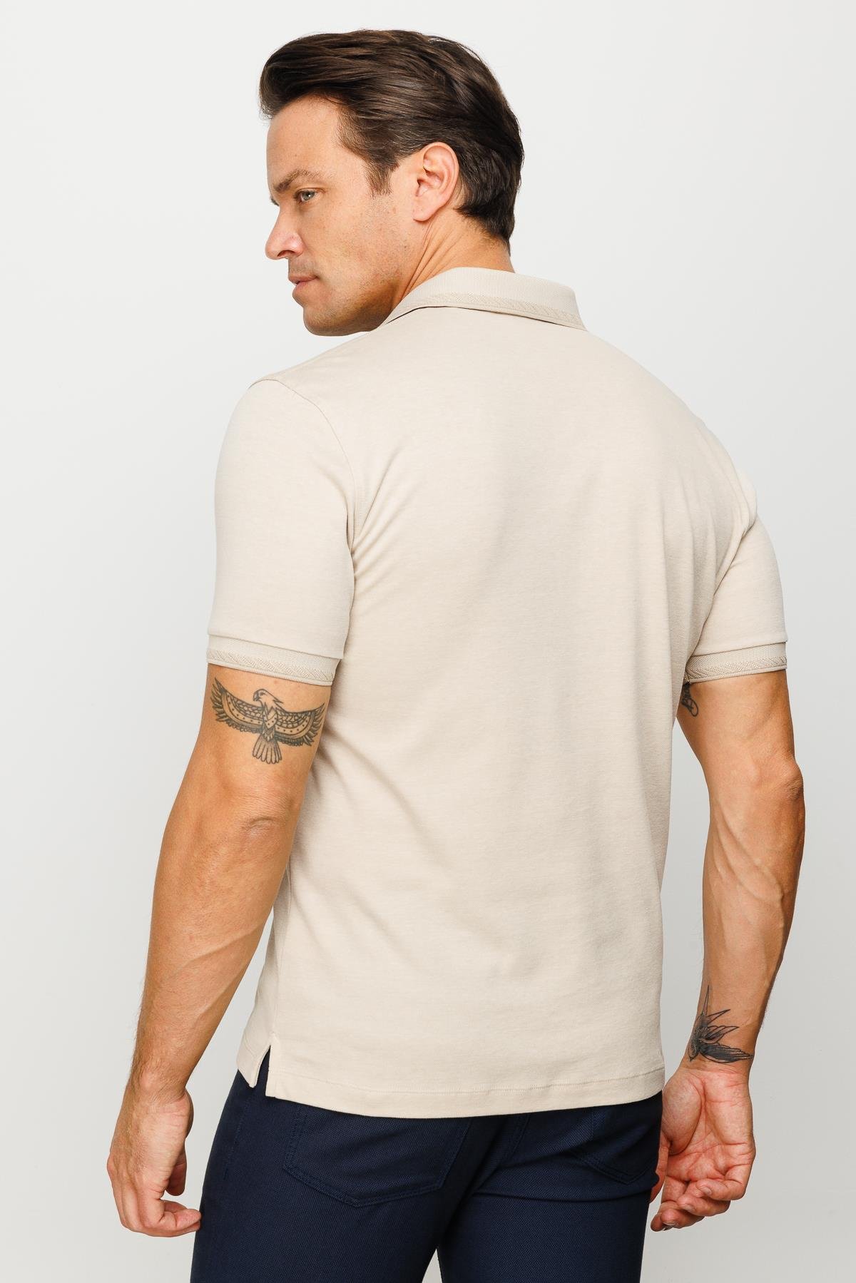 901Erkek Polo Yaka Yakası ve Kolu Triko Cepli Tshirt Bej