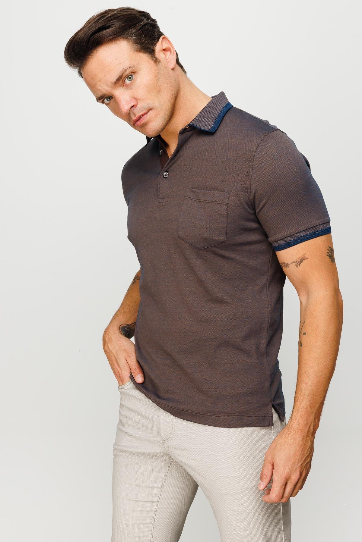 901Erkek Polo Yaka Yakası ve Kolu Triko Cepli Tshirt Kahve