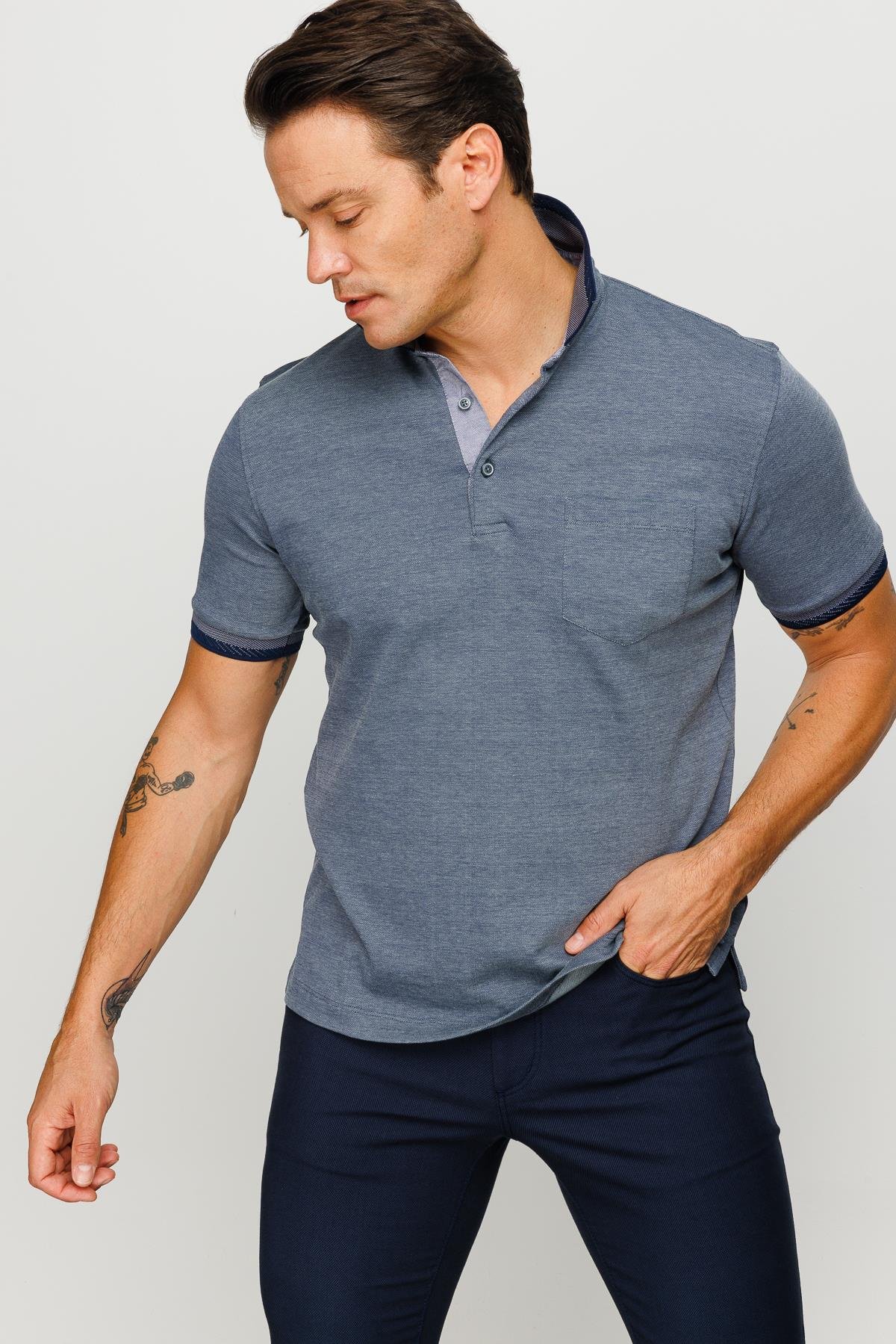 901Erkek Polo Yaka Yakası ve Kolu Triko Cepli Tshirt Füme