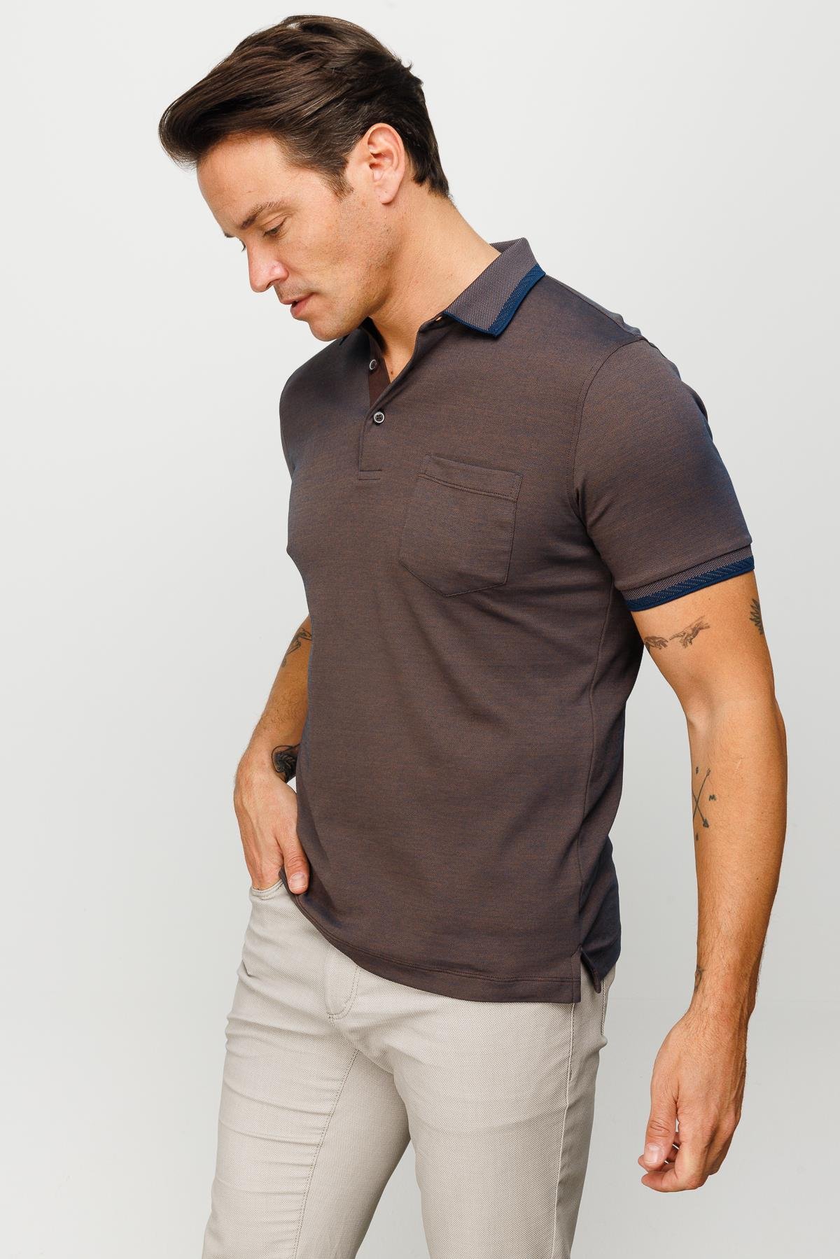 901Erkek Polo Yaka Yakası ve Kolu Triko Cepli Tshirt Kahve