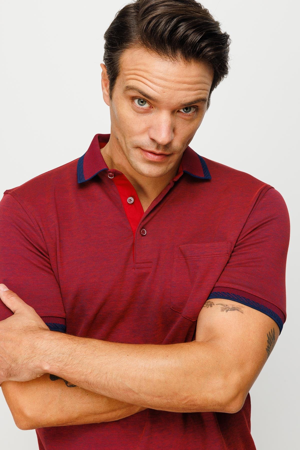 901Erkek Polo Yaka Yakası ve Kolu Triko Cepli T-shirt Bordo