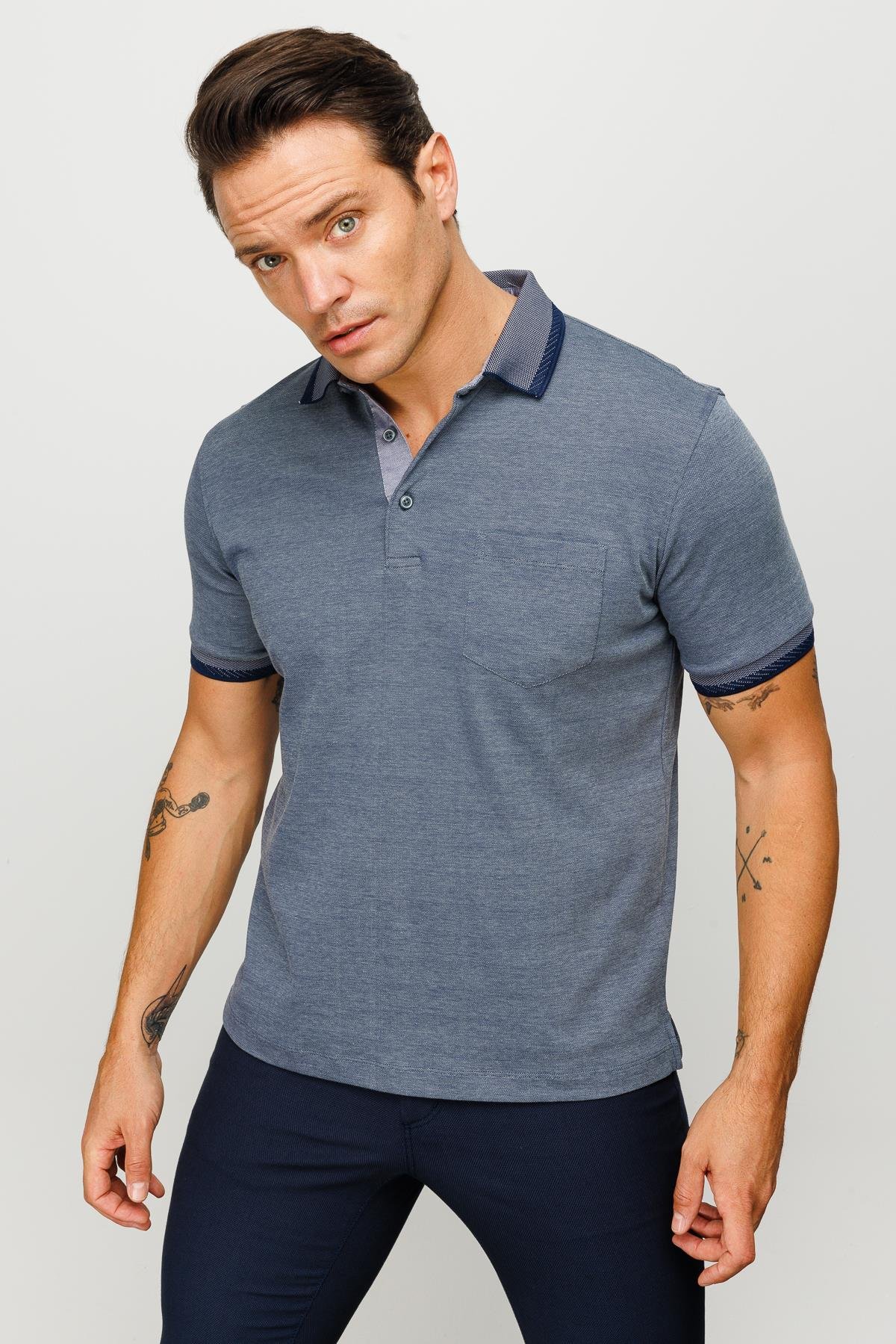 901Erkek Polo Yaka Yakası ve Kolu Triko Cepli Tshirt Füme