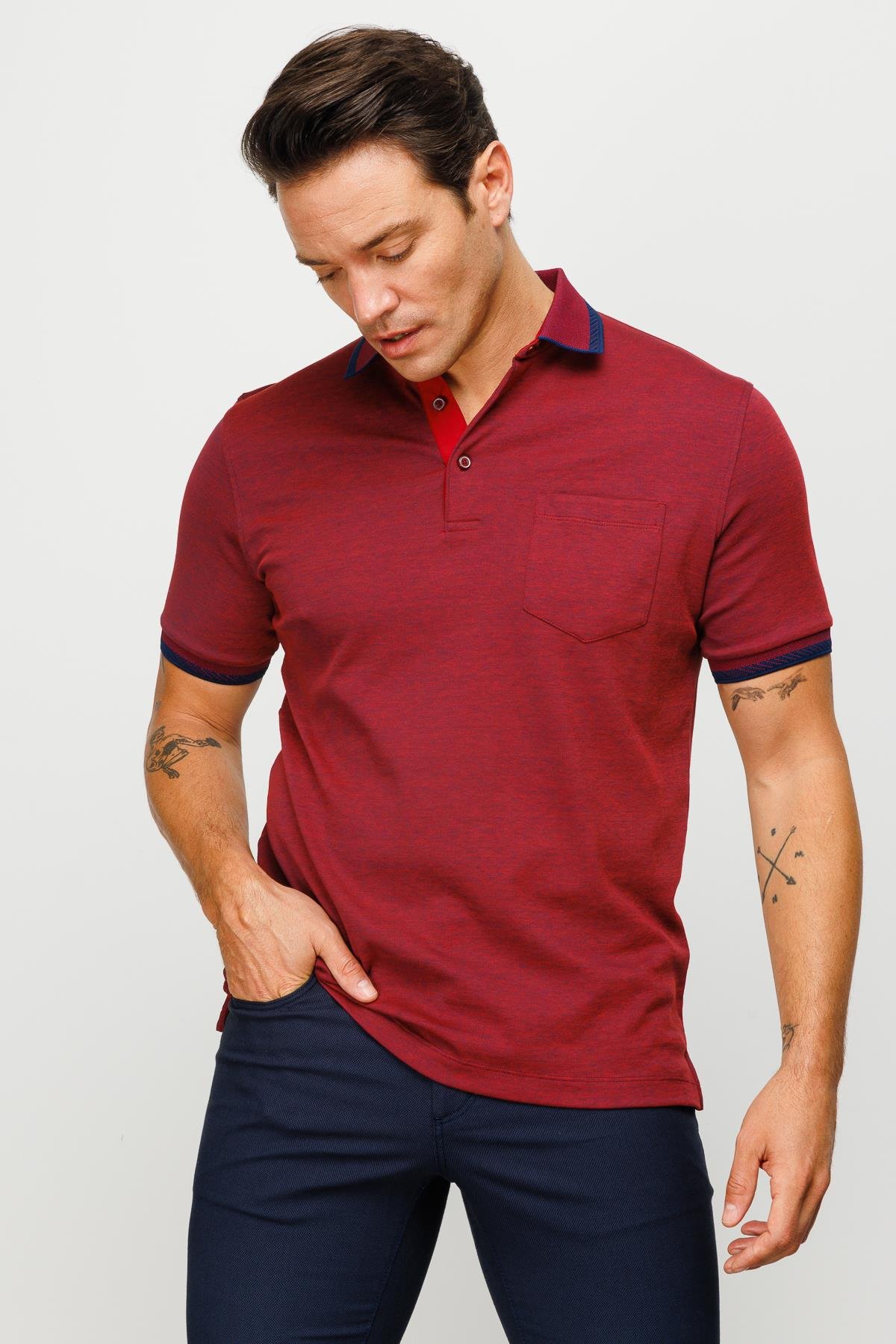 901Erkek Polo Yaka Yakası ve Kolu Triko Cepli T-shirt Bordo