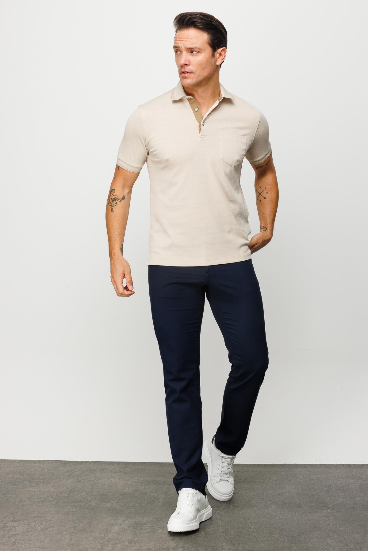 901Erkek Polo Yaka Yakası ve Kolu Triko Cepli Tshirt Bej