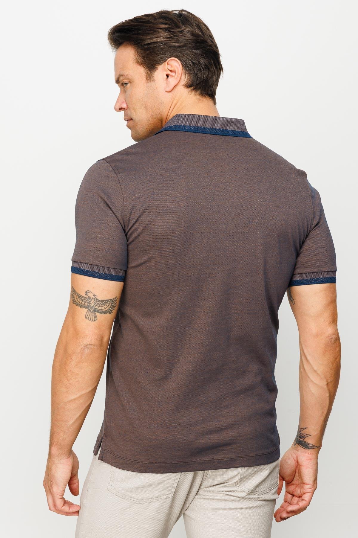 901Erkek Polo Yaka Yakası ve Kolu Triko Cepli Tshirt Kahve