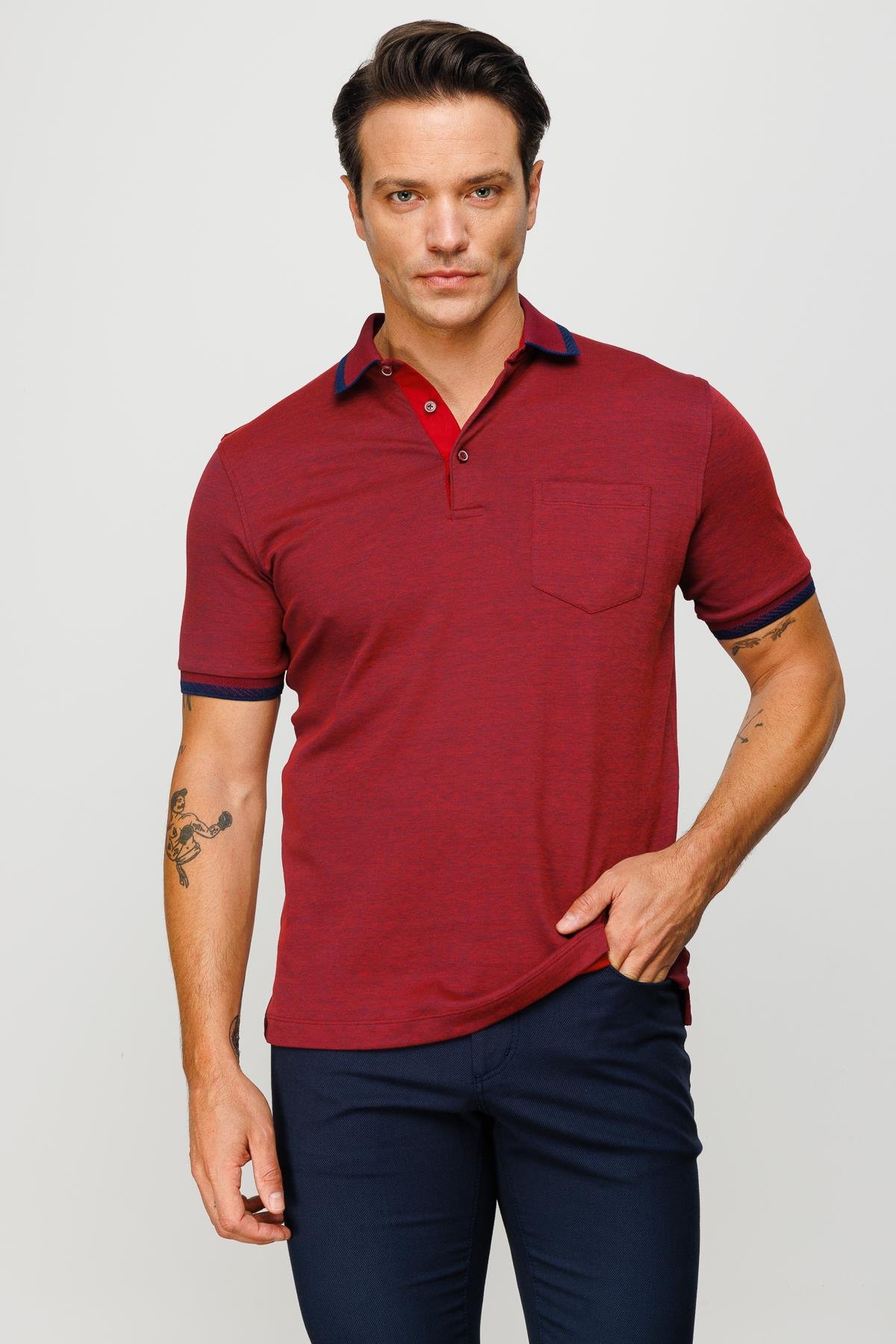 901Erkek Polo Yaka Yakası ve Kolu Triko Cepli T-shirt Bordo