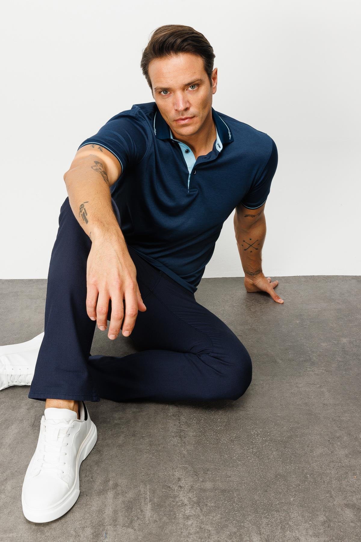 501Erkek Polo Yaka Yakası ve Kolu Triko T-shirt Petrol