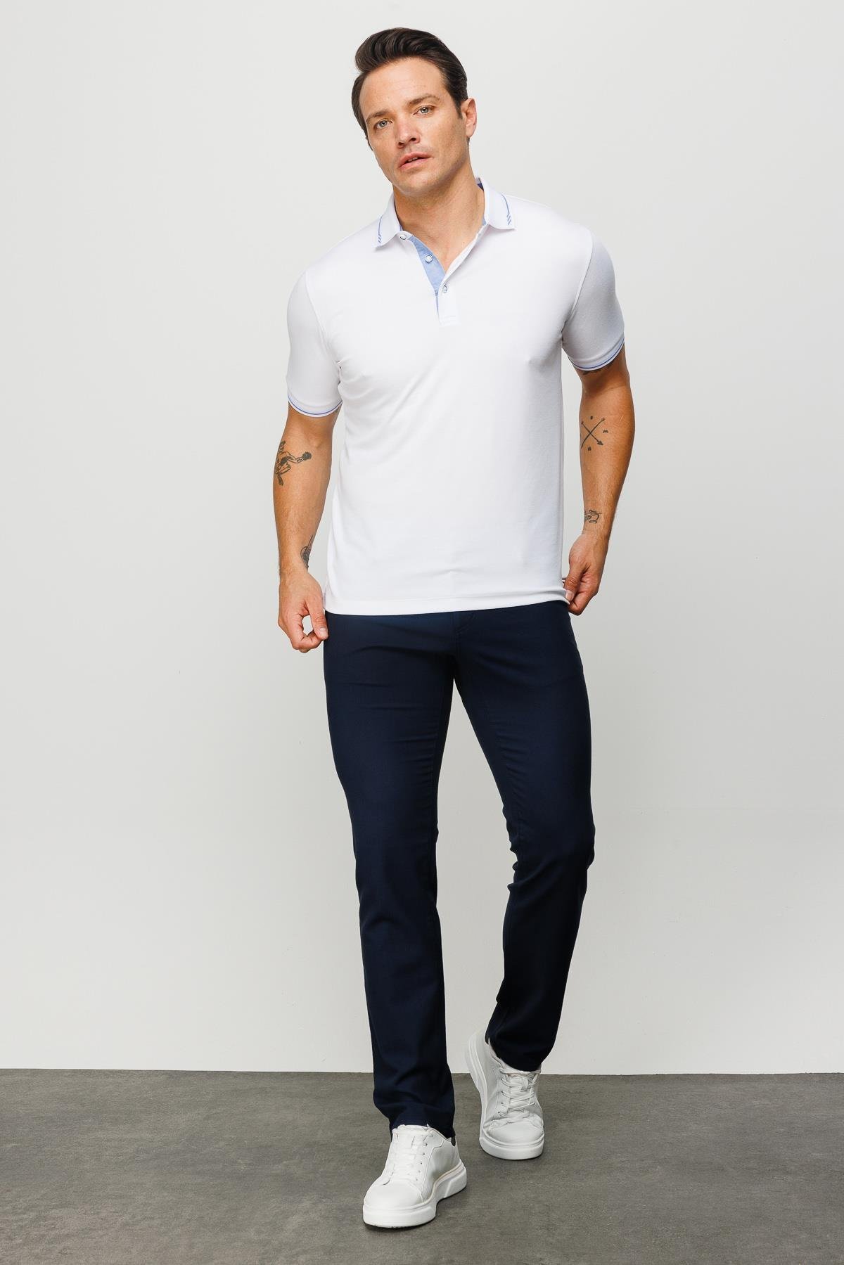 501Erkek Polo Yaka Yakası ve Kolu Triko T-shirt Beyaz