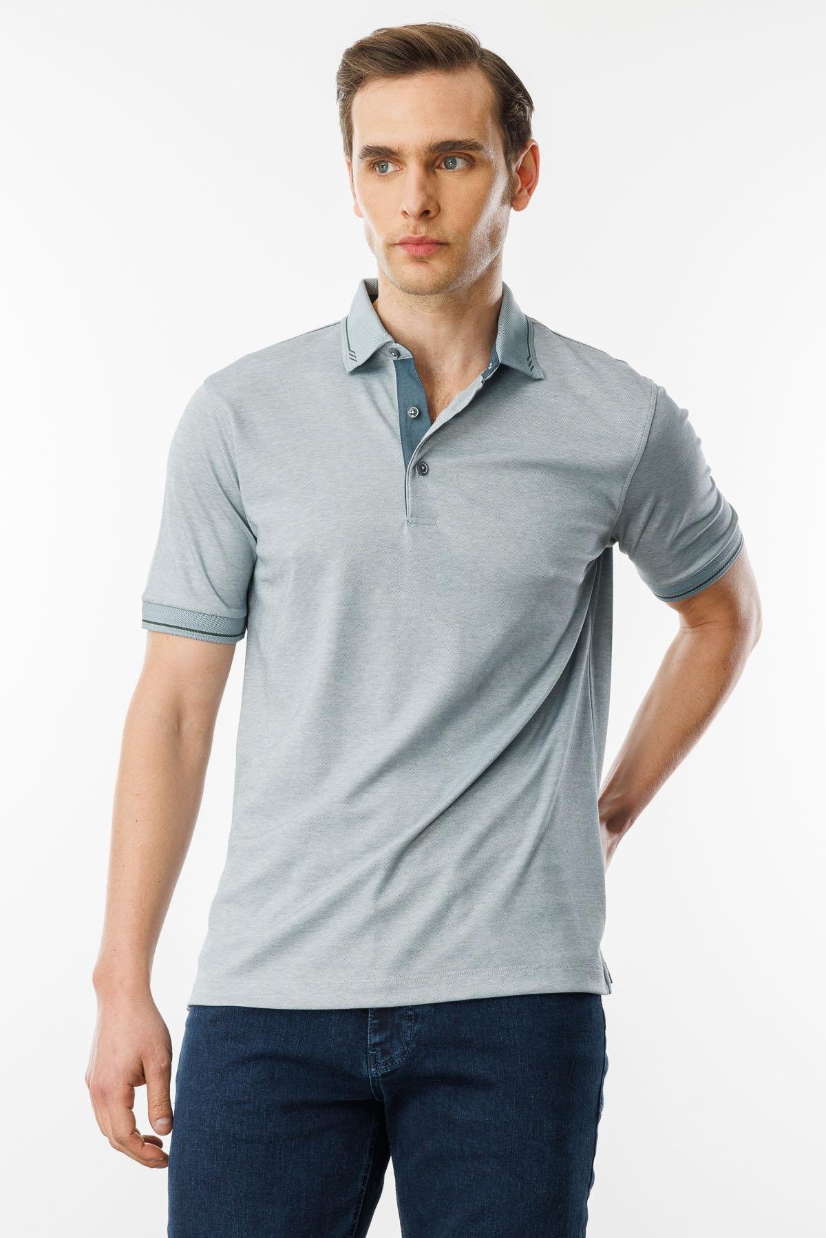 501Erkek Polo Yaka Yakası ve Kolu Triko T-shirt Gri