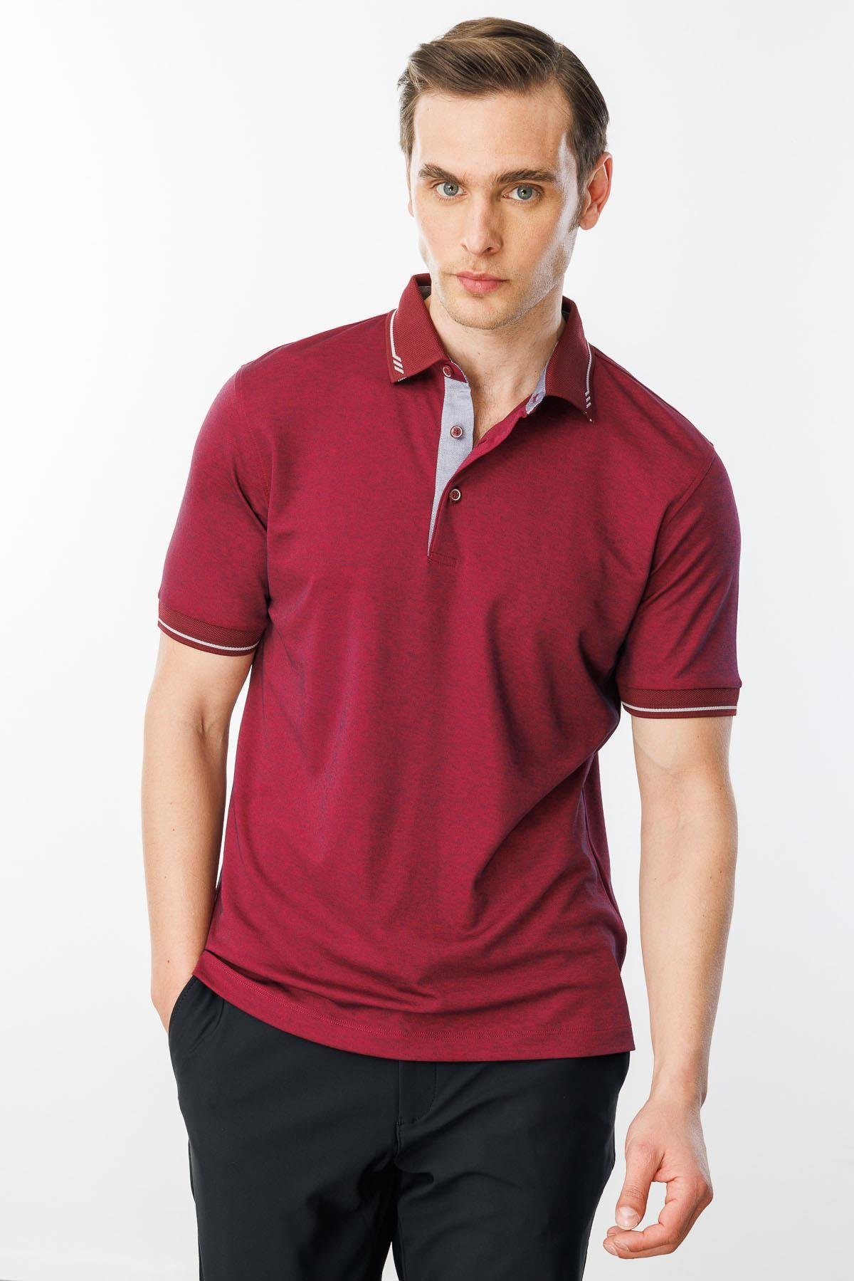 501Erkek Polo Yaka Yakası ve Kolu Triko T-shirt Bordo