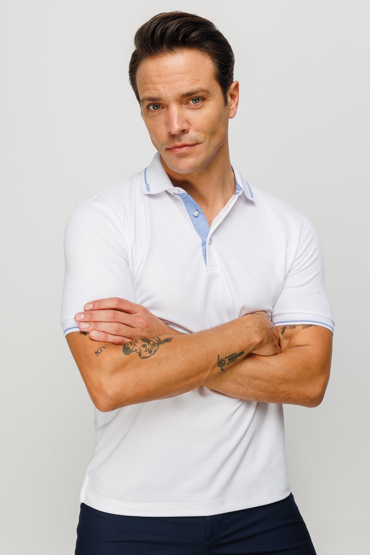 501Erkek Polo Yaka Yakası ve Kolu Triko T-shirt Beyaz