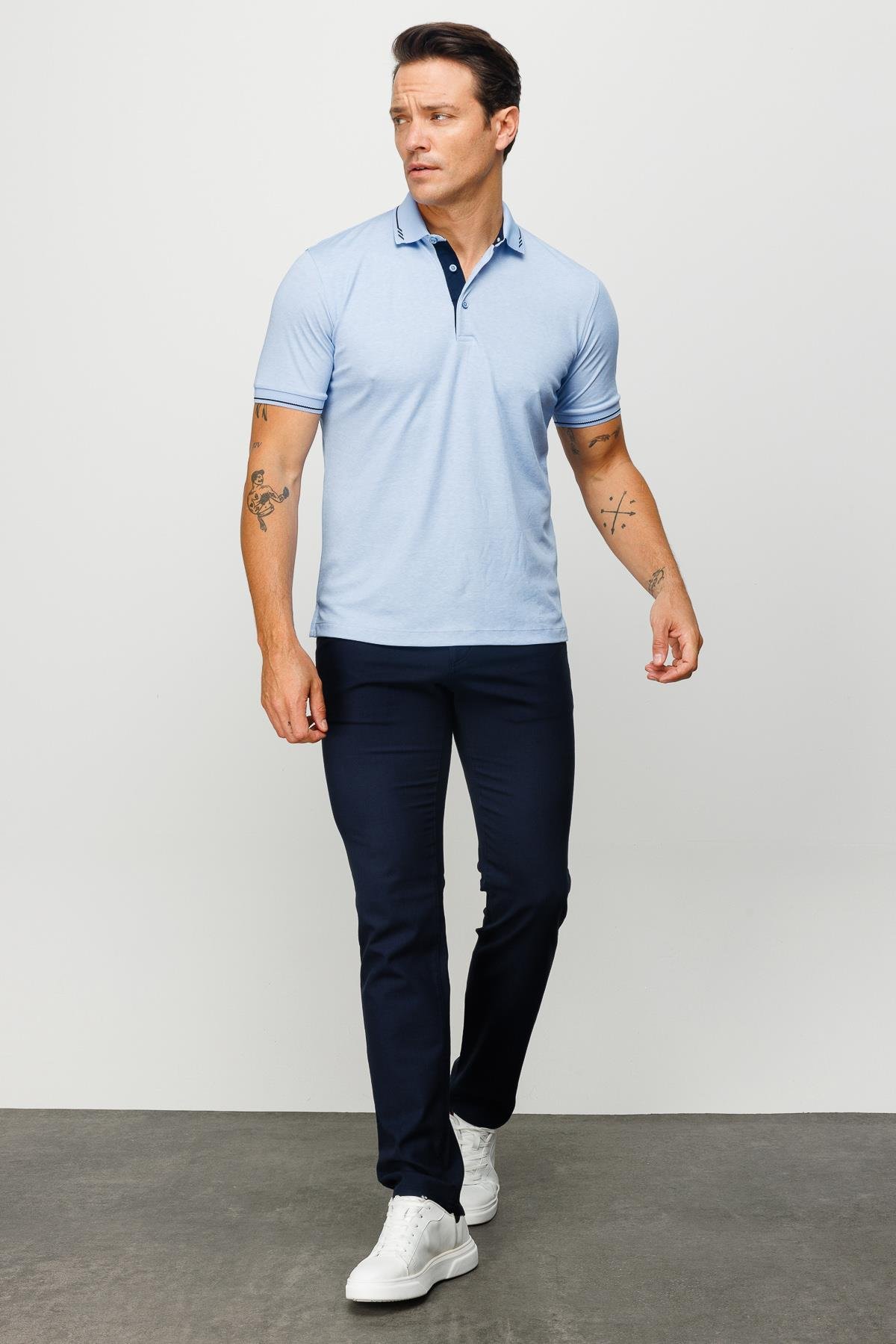 501Erkek Polo Yaka Yakası ve Kolu Triko T-shirt Mavi