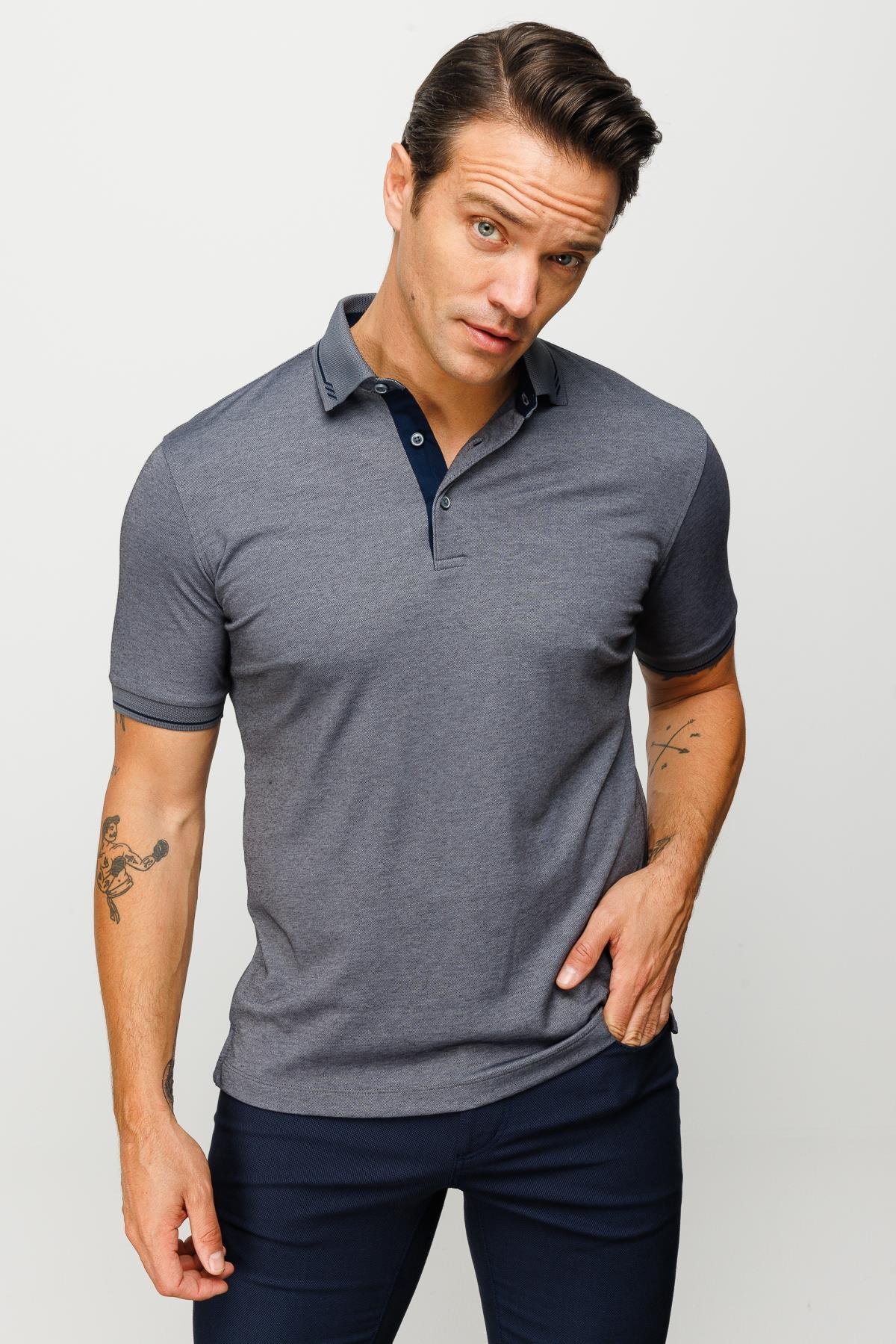 501Erkek Polo Yaka Yakası ve Kolu Triko T-shirt Füme