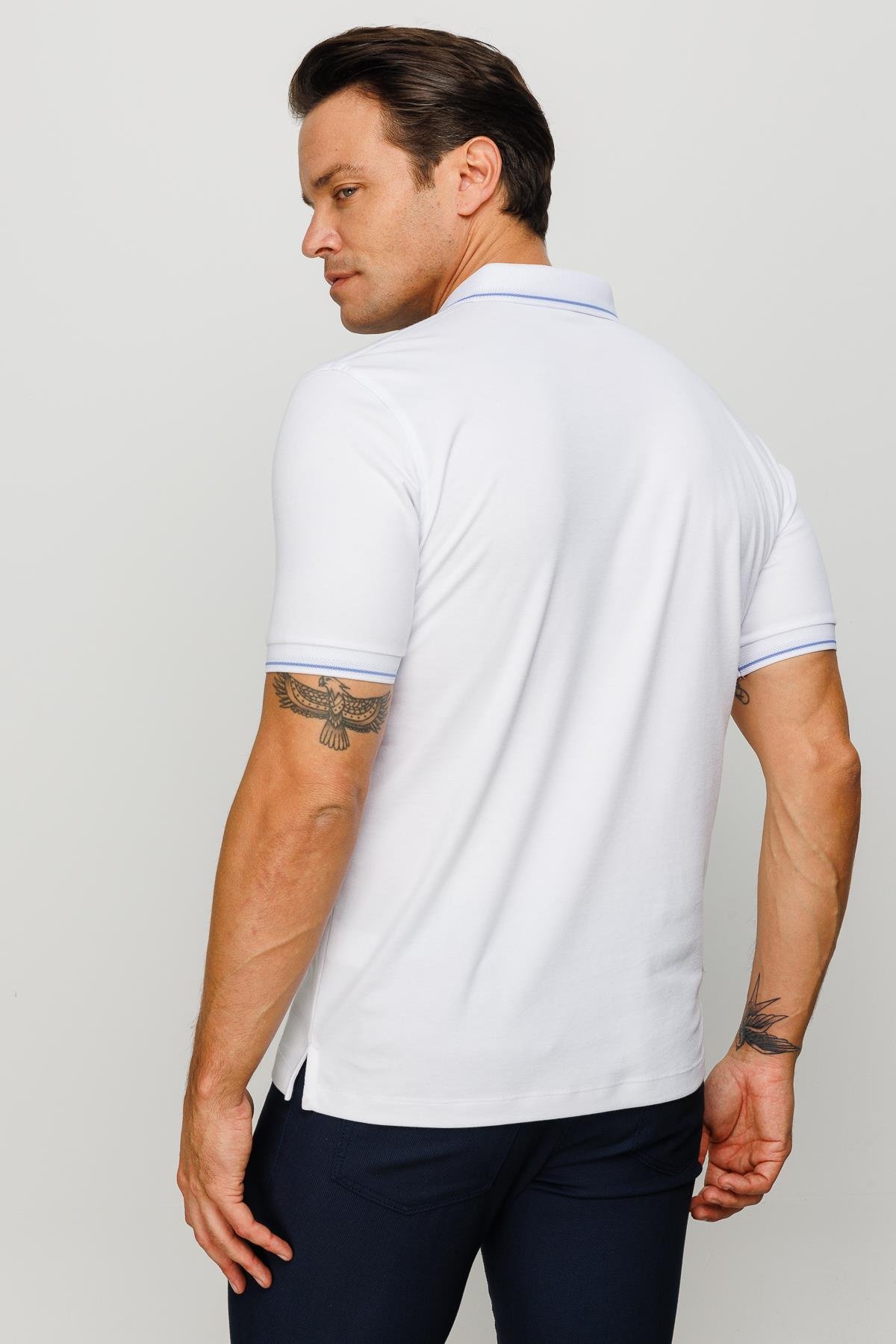 501Erkek Polo Yaka Yakası ve Kolu Triko T-shirt Beyaz