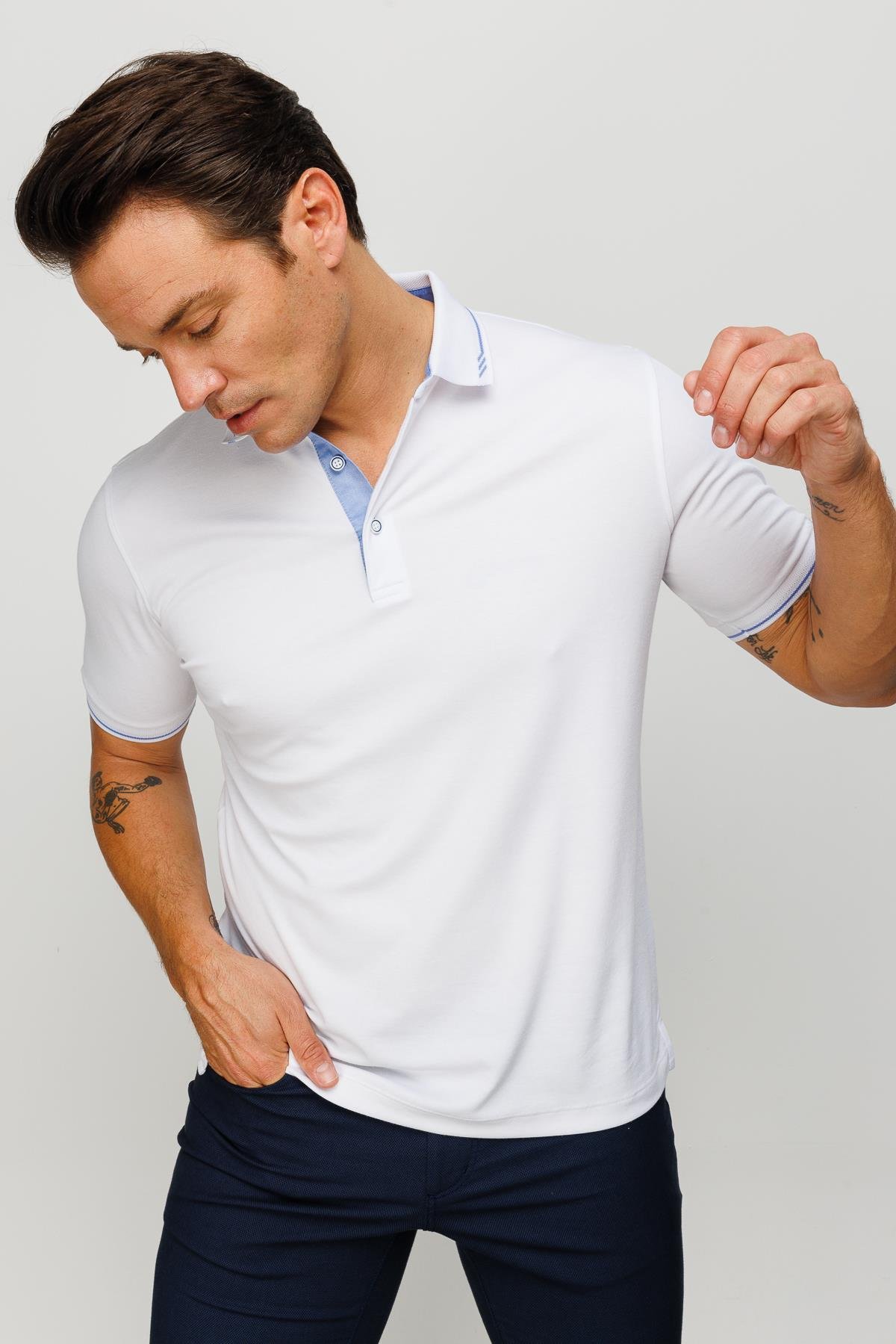 501Erkek Polo Yaka Yakası ve Kolu Triko T-shirt Beyaz