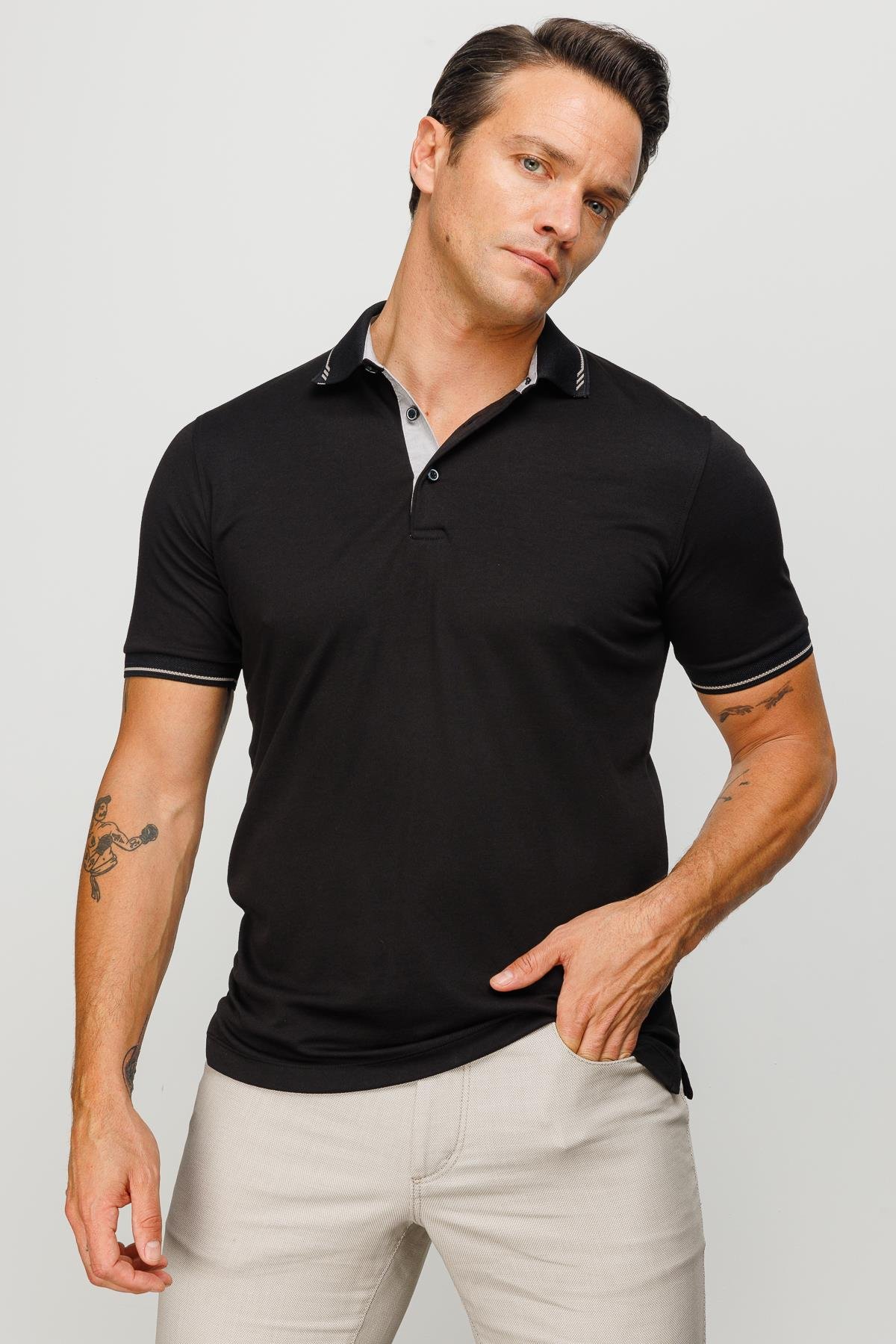 501Erkek Polo Yaka Yakası ve Kolu Triko T-shirt Siyah