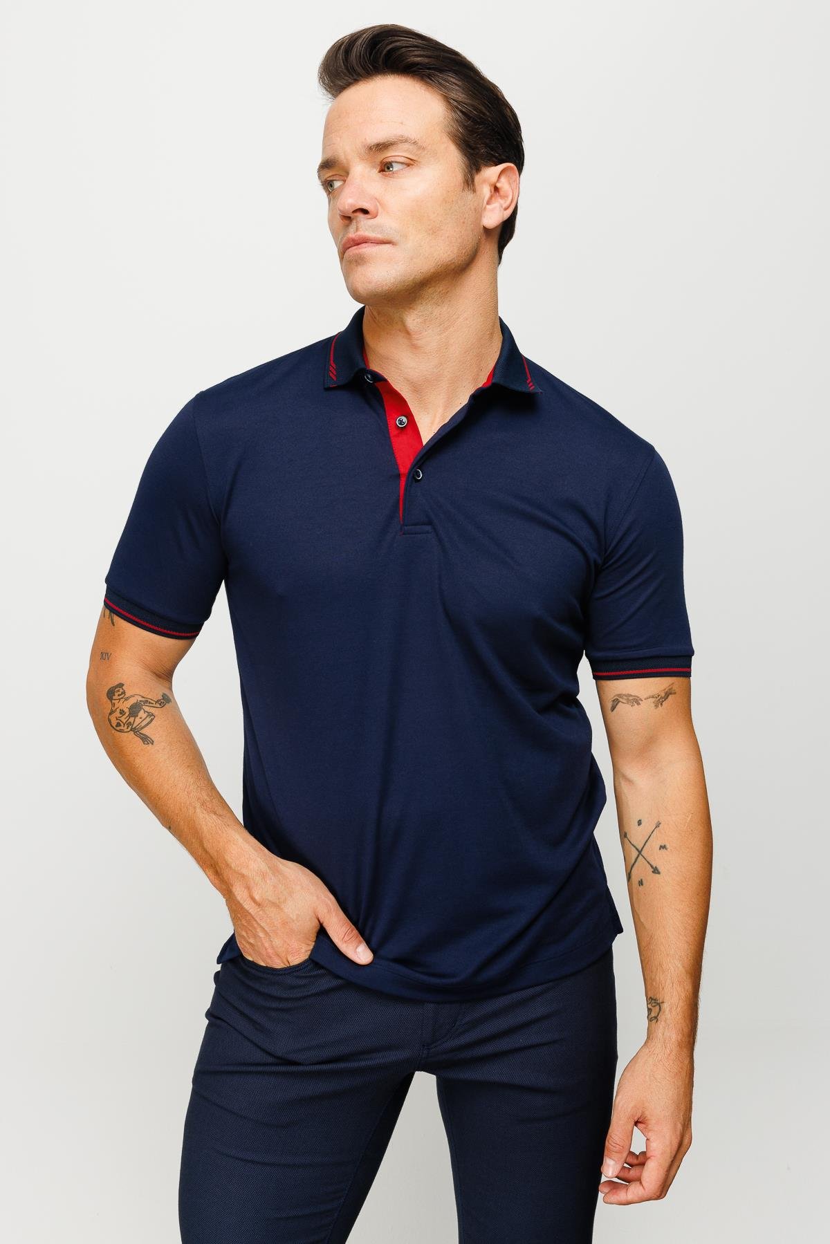 501Erkek Polo Yaka Yakası ve Kolu Triko T-shirt Lacivert