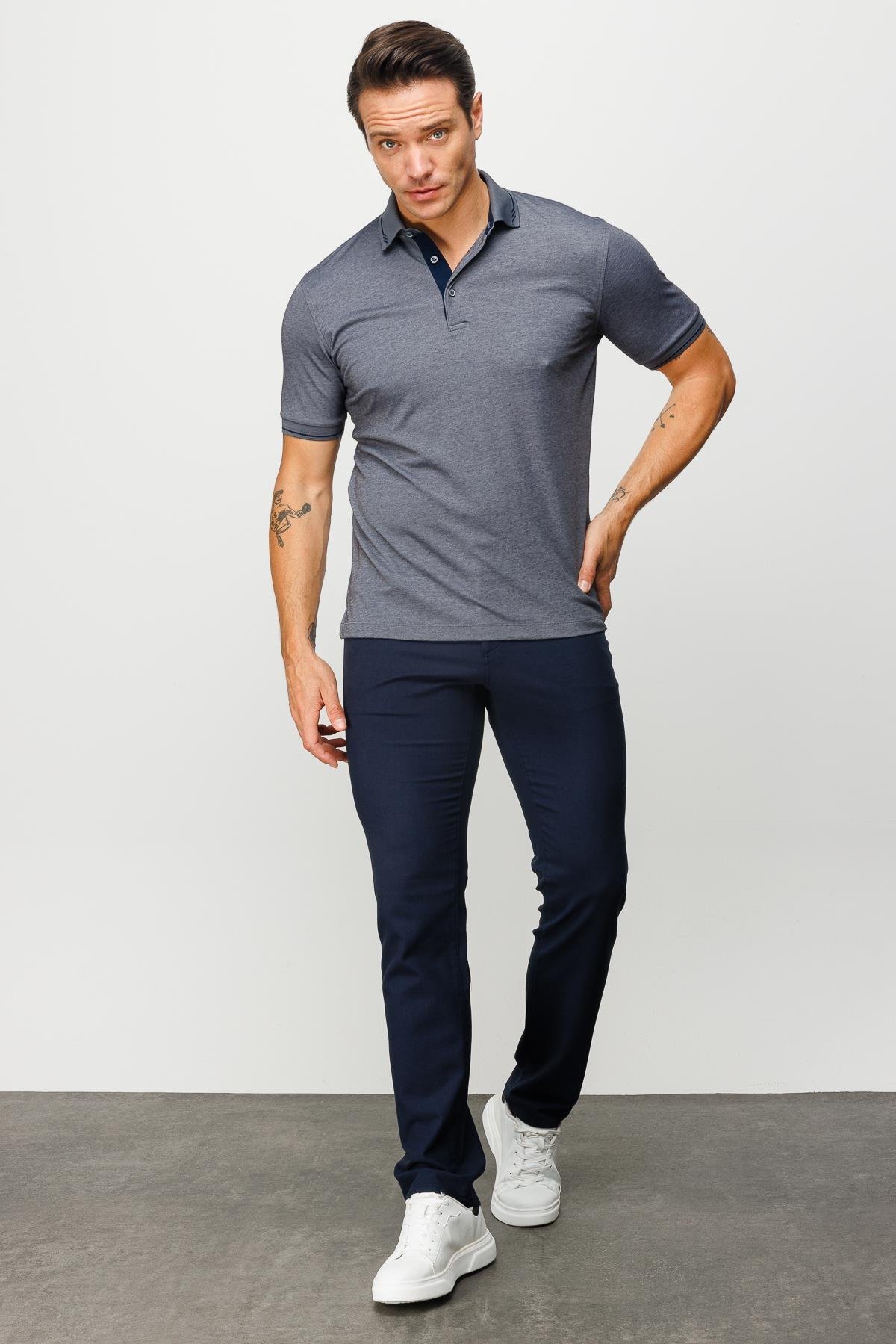 501Erkek Polo Yaka Yakası ve Kolu Triko T-shirt Füme