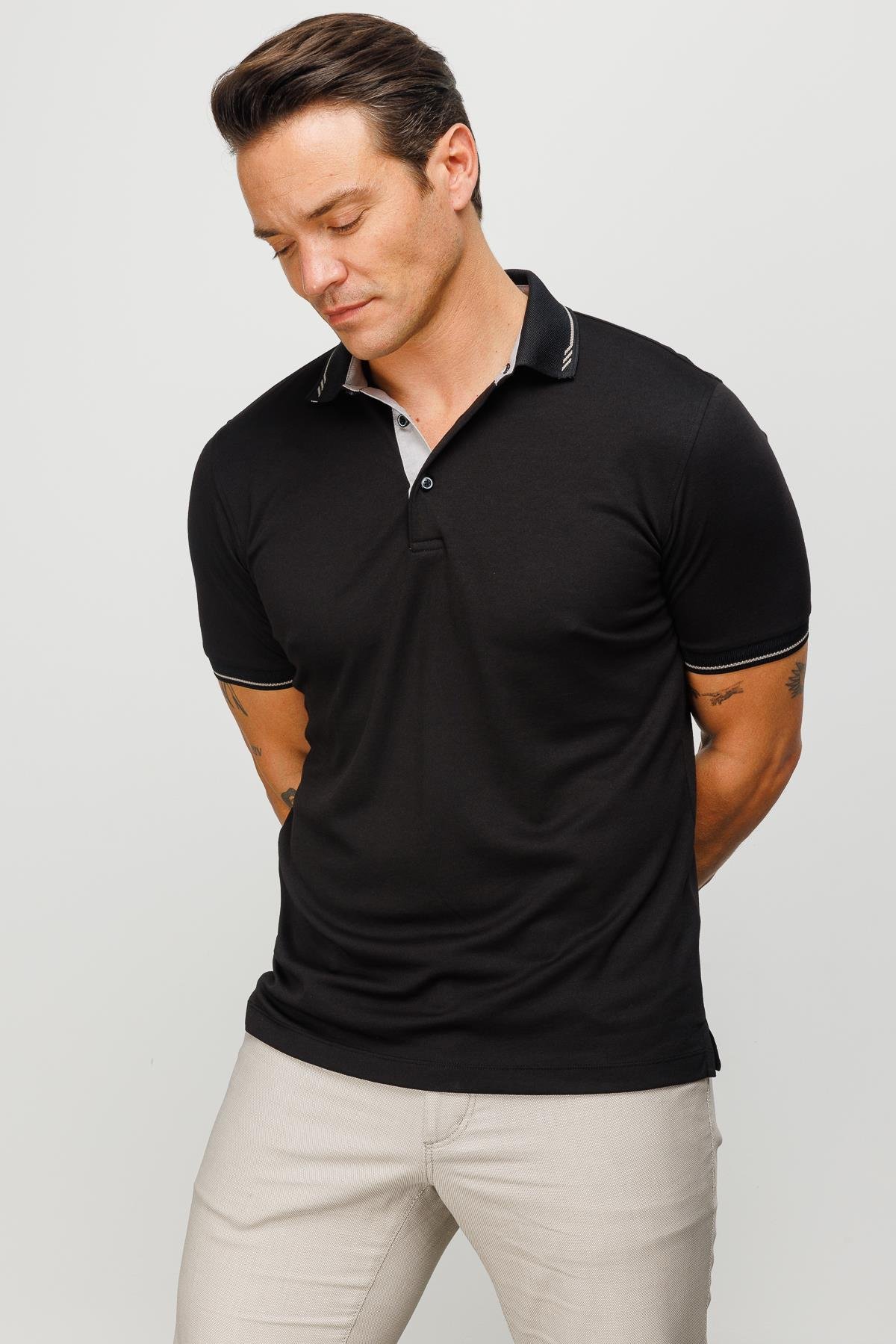 501Erkek Polo Yaka Yakası ve Kolu Triko T-shirt Siyah