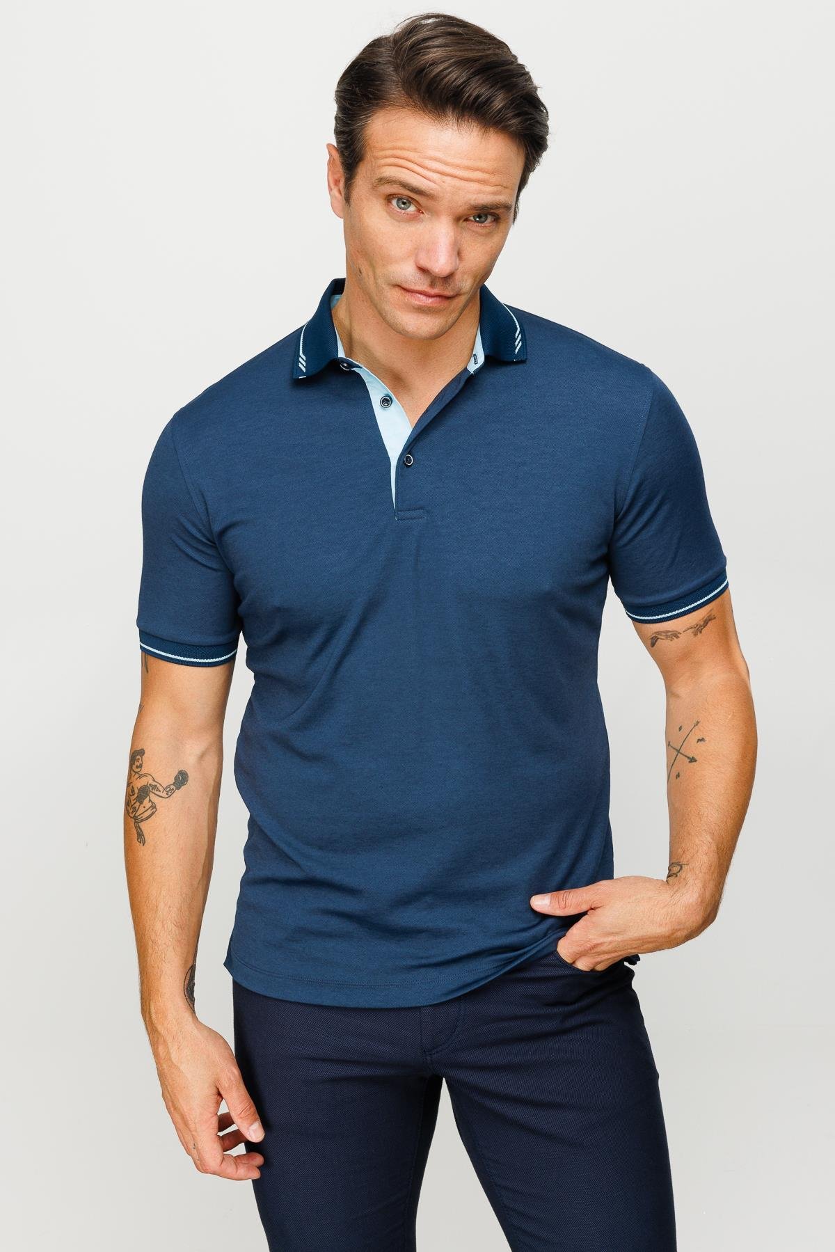 501Erkek Polo Yaka Yakası ve Kolu Triko T-shirt Petrol