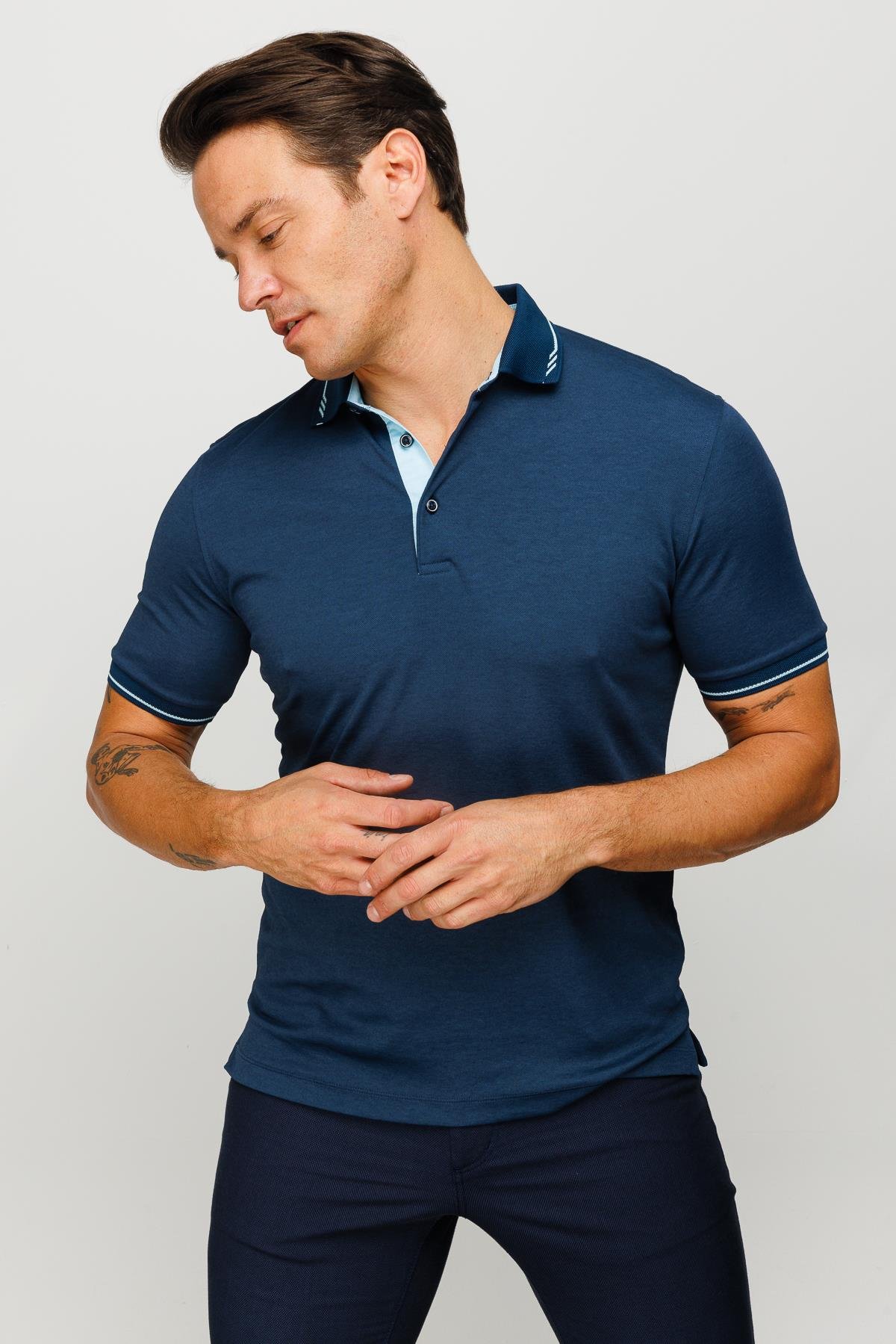 501Erkek Polo Yaka Yakası ve Kolu Triko T-shirt Petrol