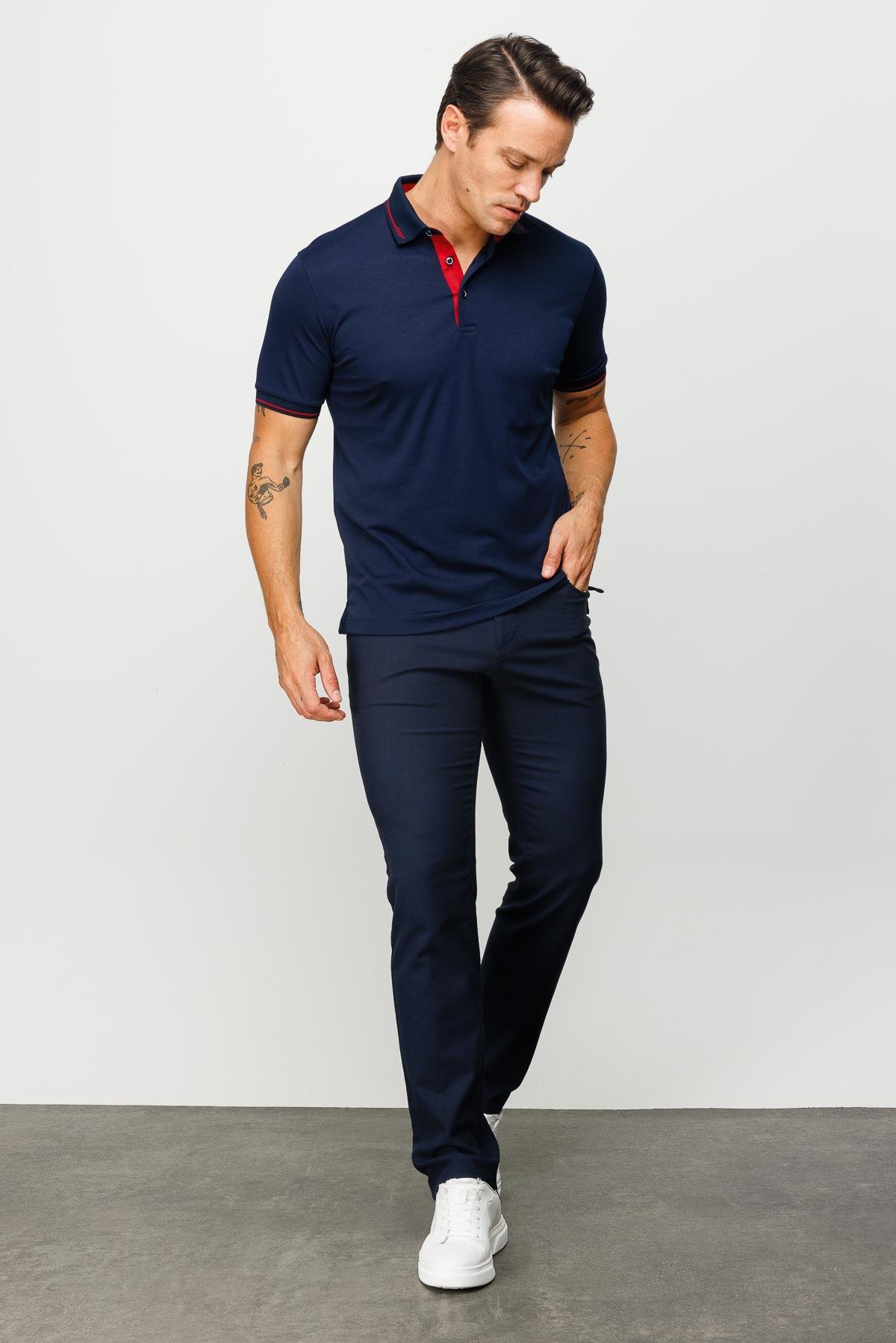 501Erkek Polo Yaka Yakası ve Kolu Triko T-shirt Lacivert