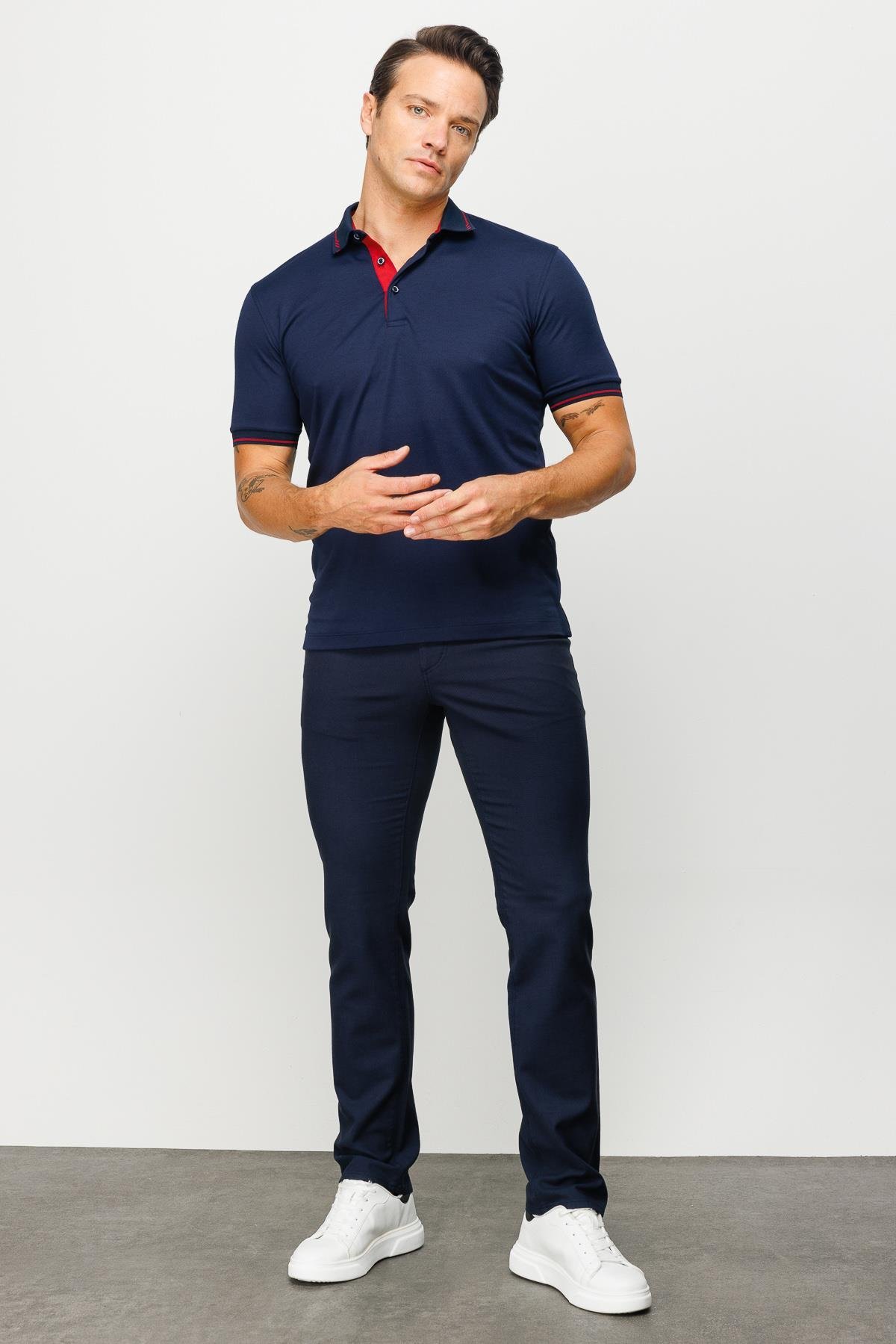 501Erkek Polo Yaka Yakası ve Kolu Triko T-shirt Lacivert