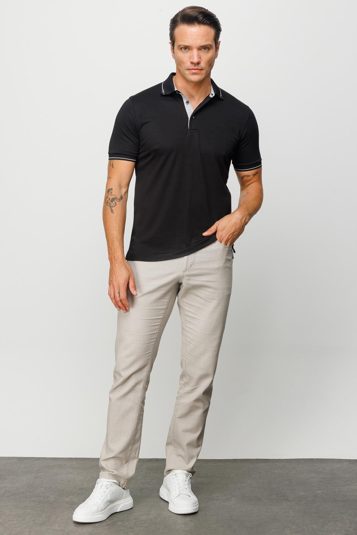 501Erkek Polo Yaka Yakası ve Kolu Triko T-shirt Siyah