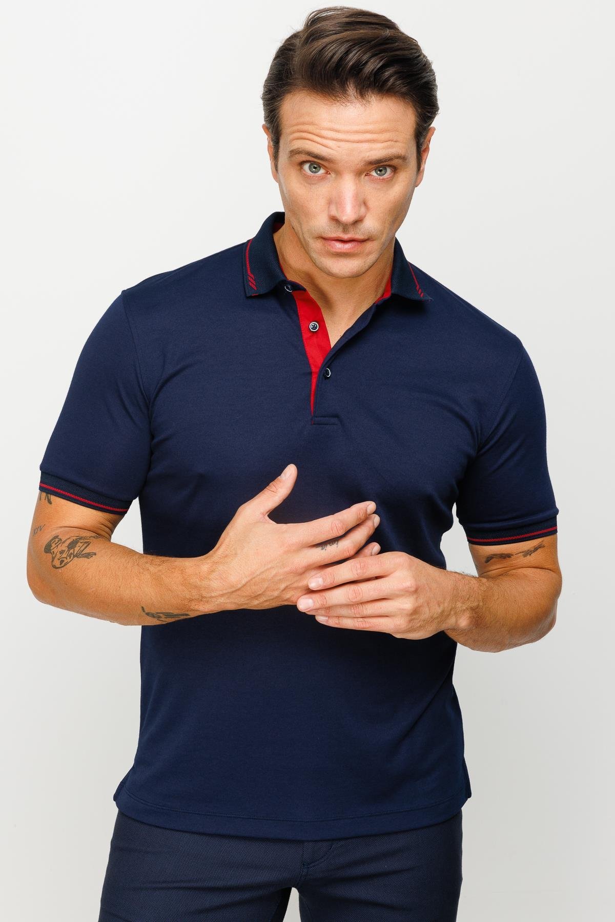 501Erkek Polo Yaka Yakası ve Kolu Triko T-shirt Lacivert