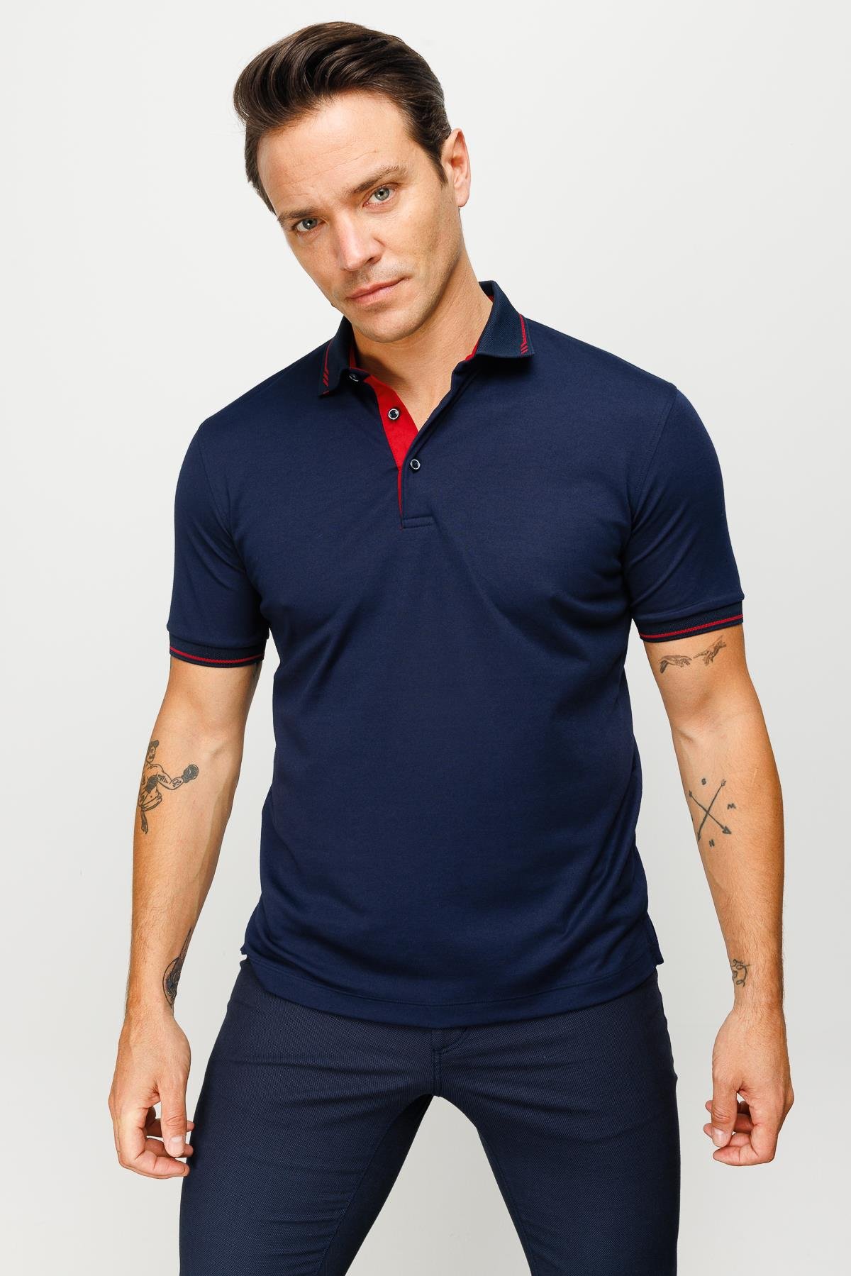 501Erkek Polo Yaka Yakası ve Kolu Triko T-shirt Lacivert