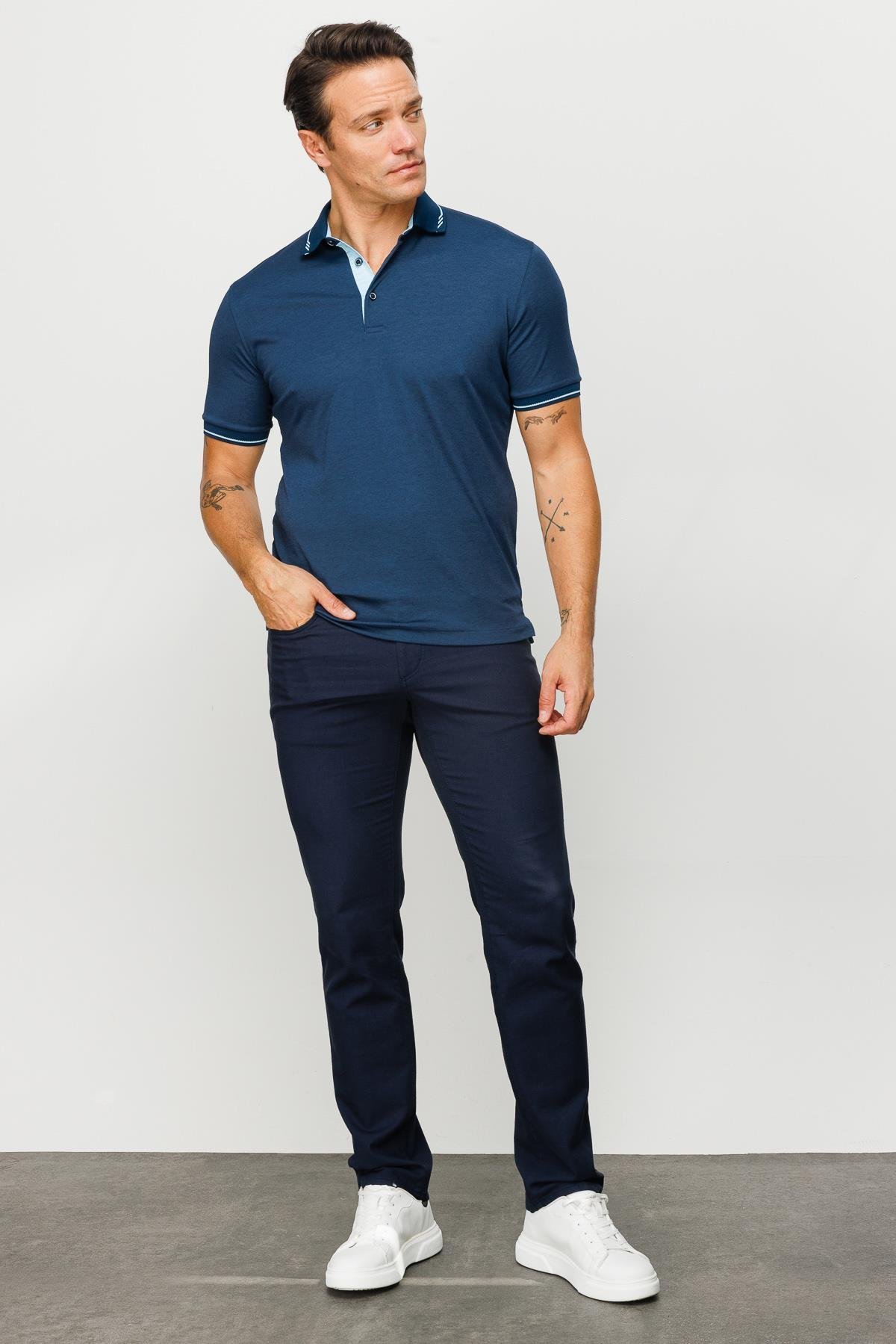 501Erkek Polo Yaka Yakası ve Kolu Triko T-shirt Petrol