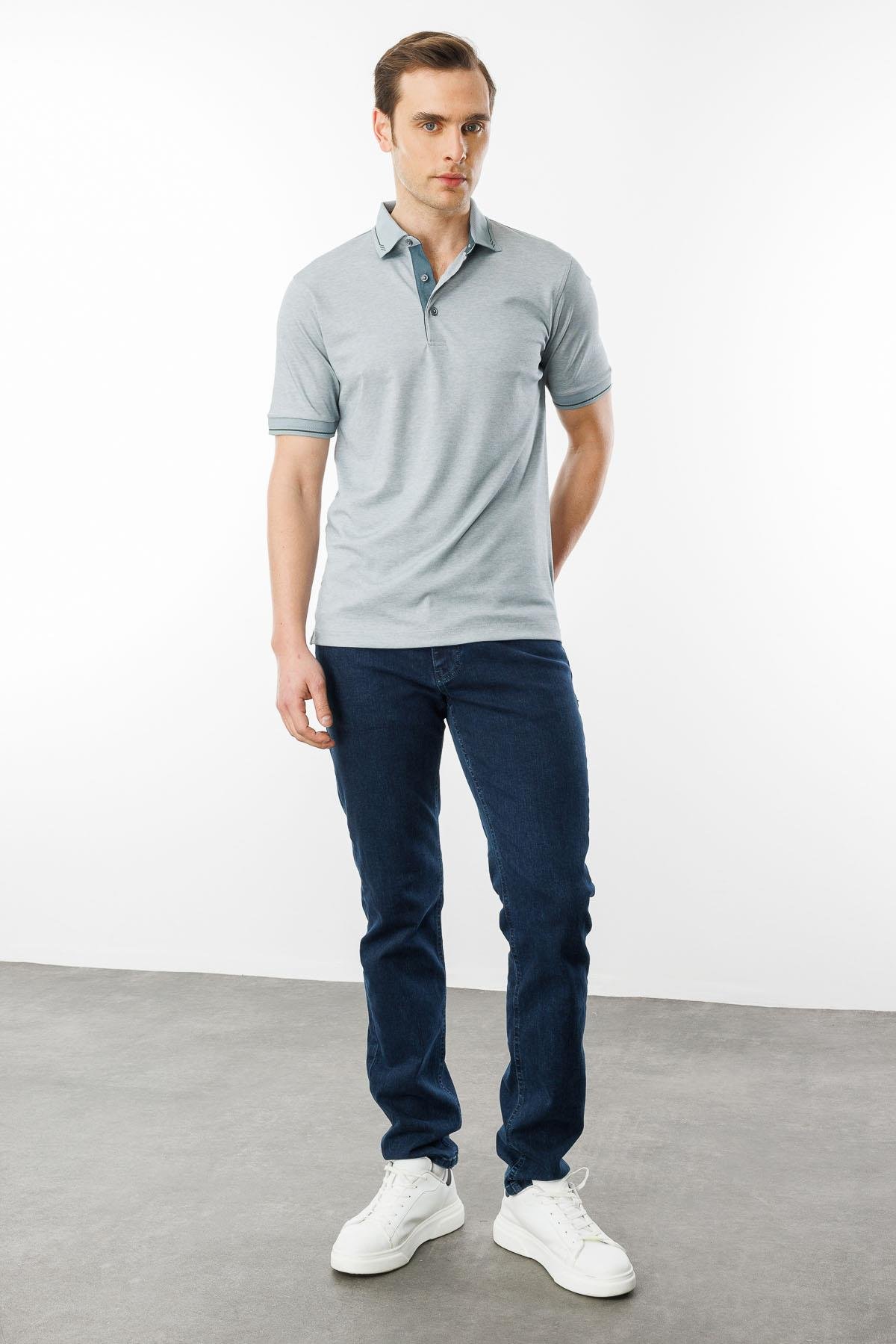 501Erkek Polo Yaka Yakası ve Kolu Triko T-shirt Gri