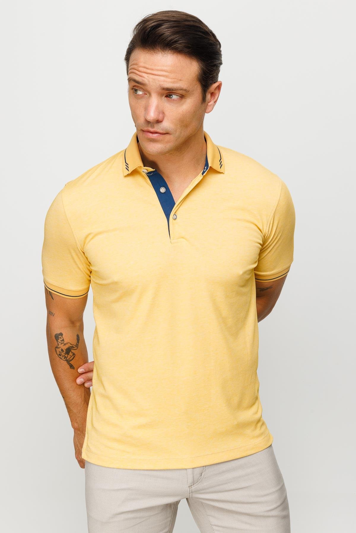 501Erkek Polo Yaka Yakası ve Kolu Triko T-shirt Sarı