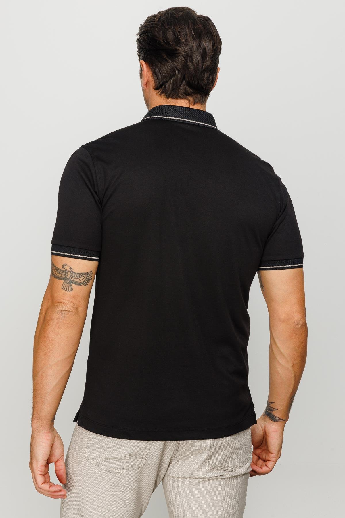 501Erkek Polo Yaka Yakası ve Kolu Triko T-shirt Siyah