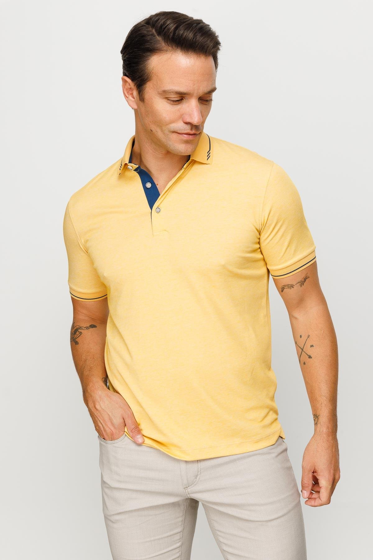 501Erkek Polo Yaka Yakası ve Kolu Triko T-shirt Sarı