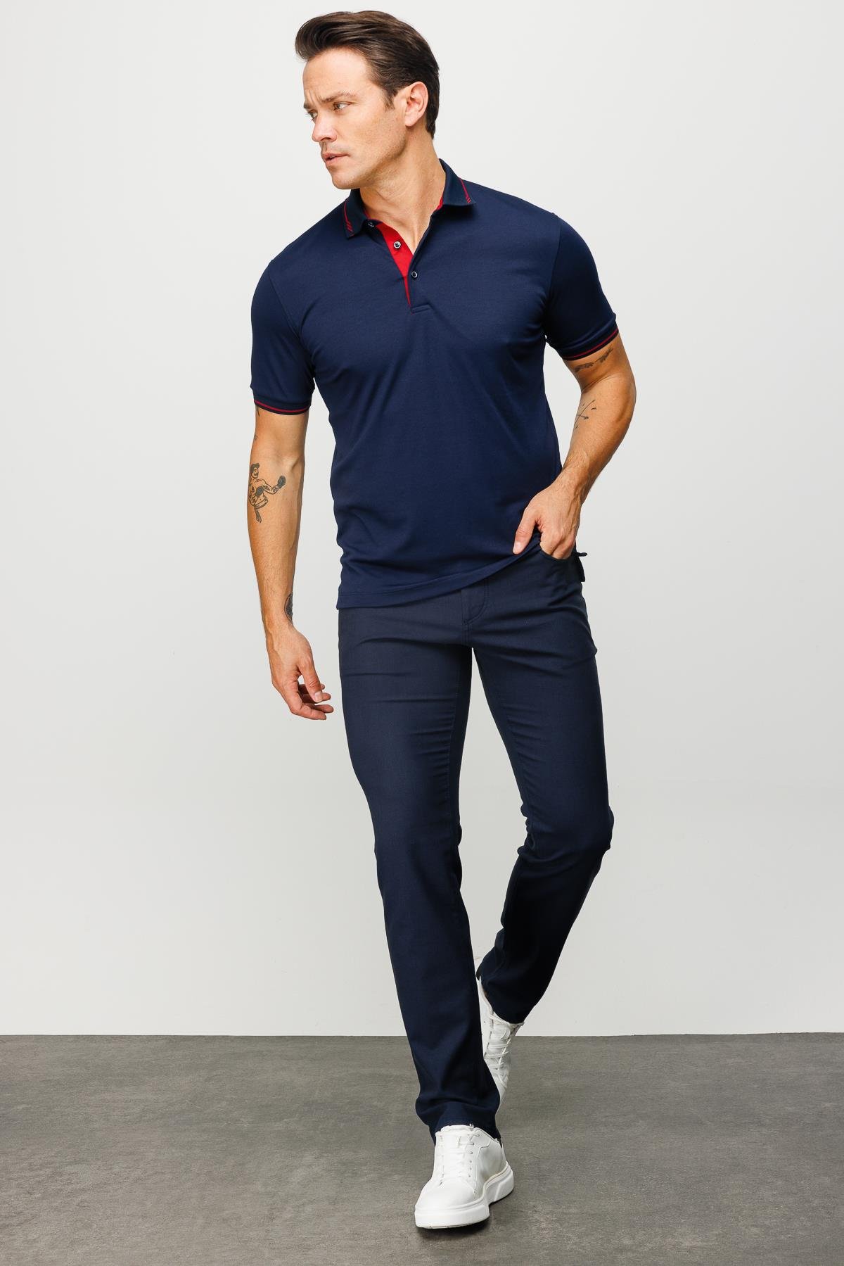 501Erkek Polo Yaka Yakası ve Kolu Triko T-shirt Lacivert