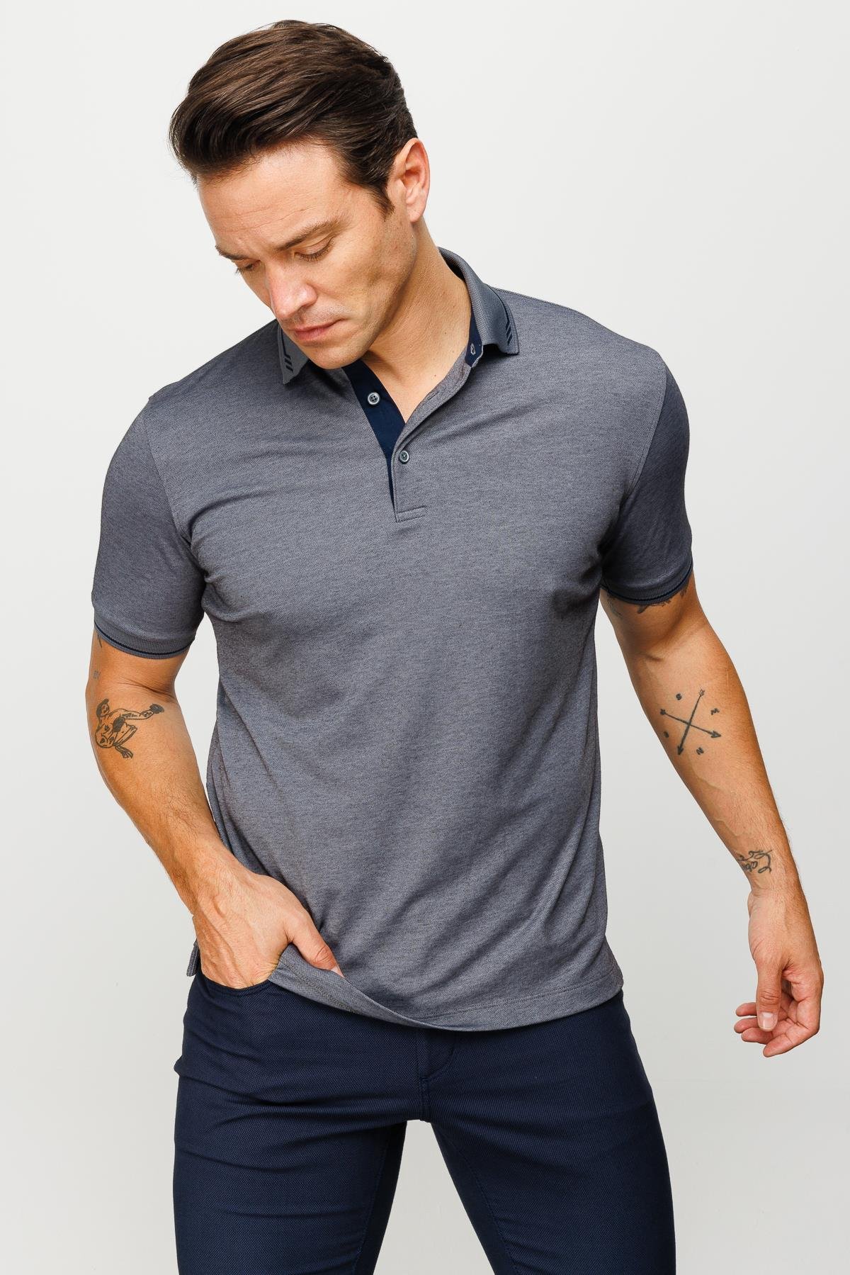 501Erkek Polo Yaka Yakası ve Kolu Triko T-shirt Füme