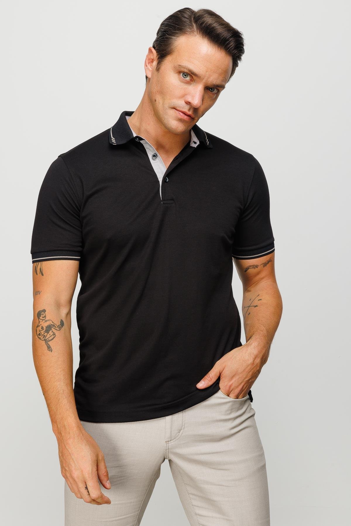 501Erkek Polo Yaka Yakası ve Kolu Triko T-shirt Siyah
