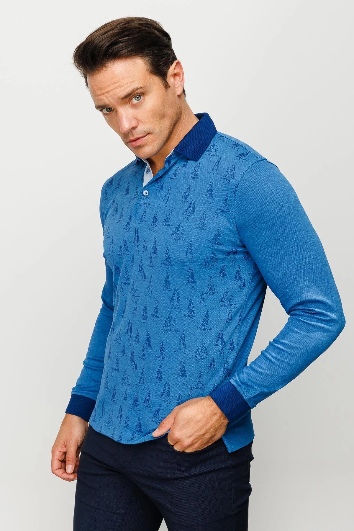 720Erkek Polo Yaka Yelken Desenli Sweatshirt Saks