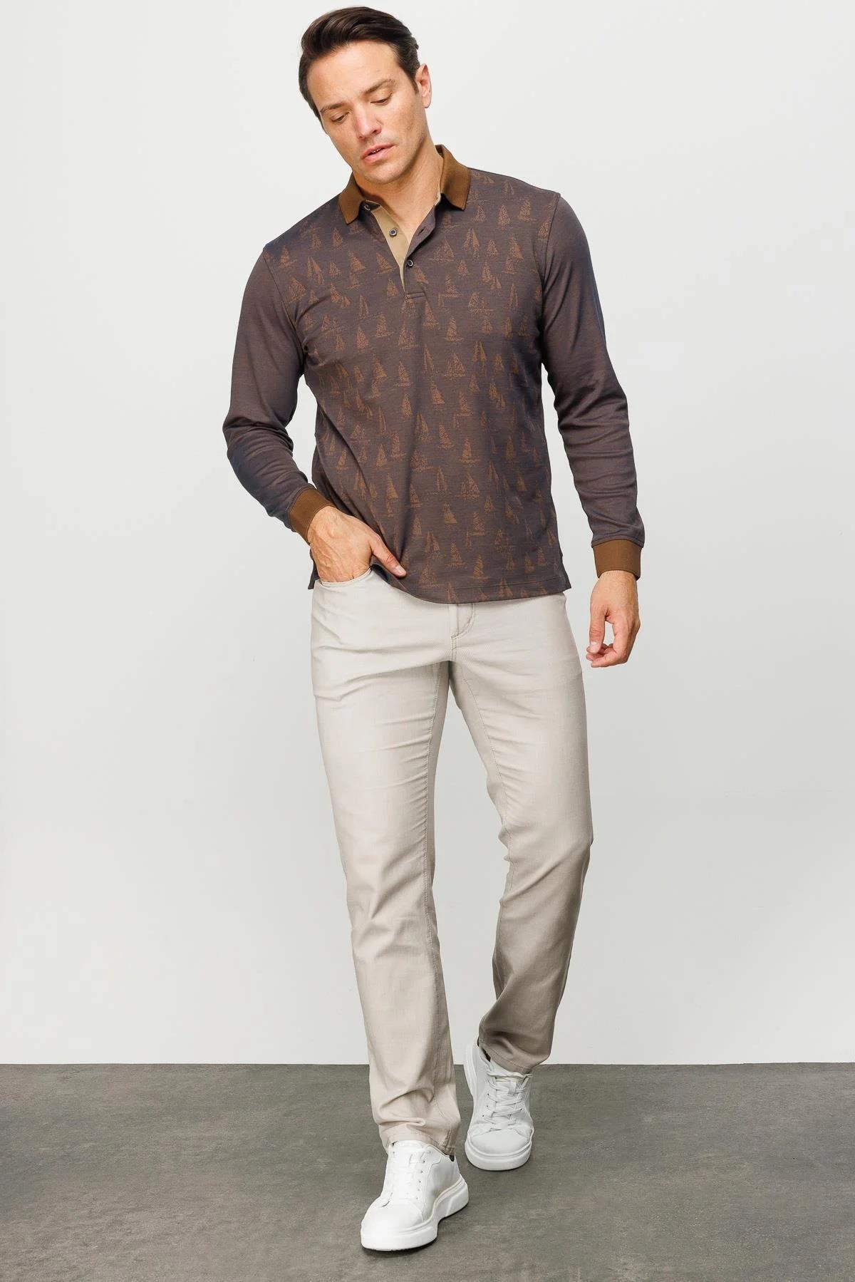 720Erkek Polo Yaka Yelken Desenli Sweatshirt Kahve