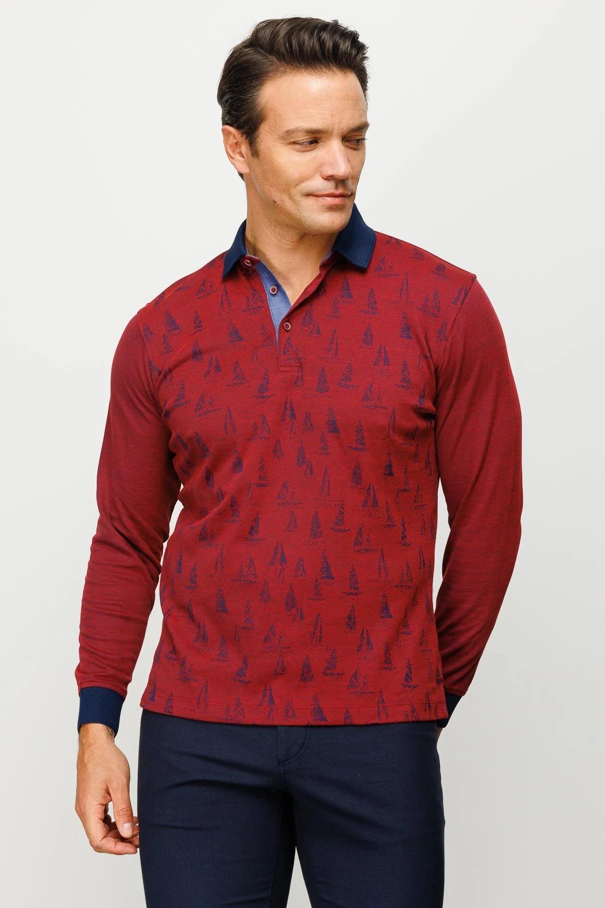 720Erkek Polo Yaka Yelken Desenli Sweatshirt Bordo