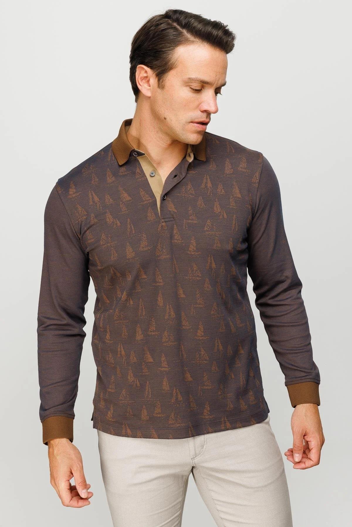 720Erkek Polo Yaka Yelken Desenli Sweatshirt Kahve