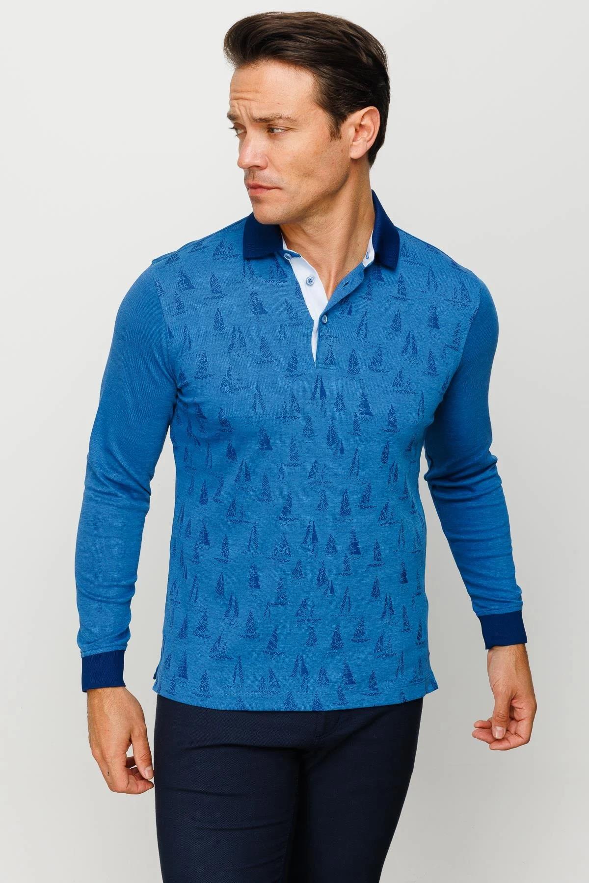 720Erkek Polo Yaka Yelken Desenli Sweatshirt Saks