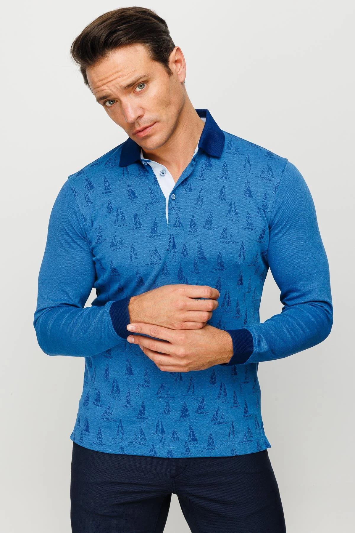 720Erkek Polo Yaka Yelken Desenli Sweatshirt Saks