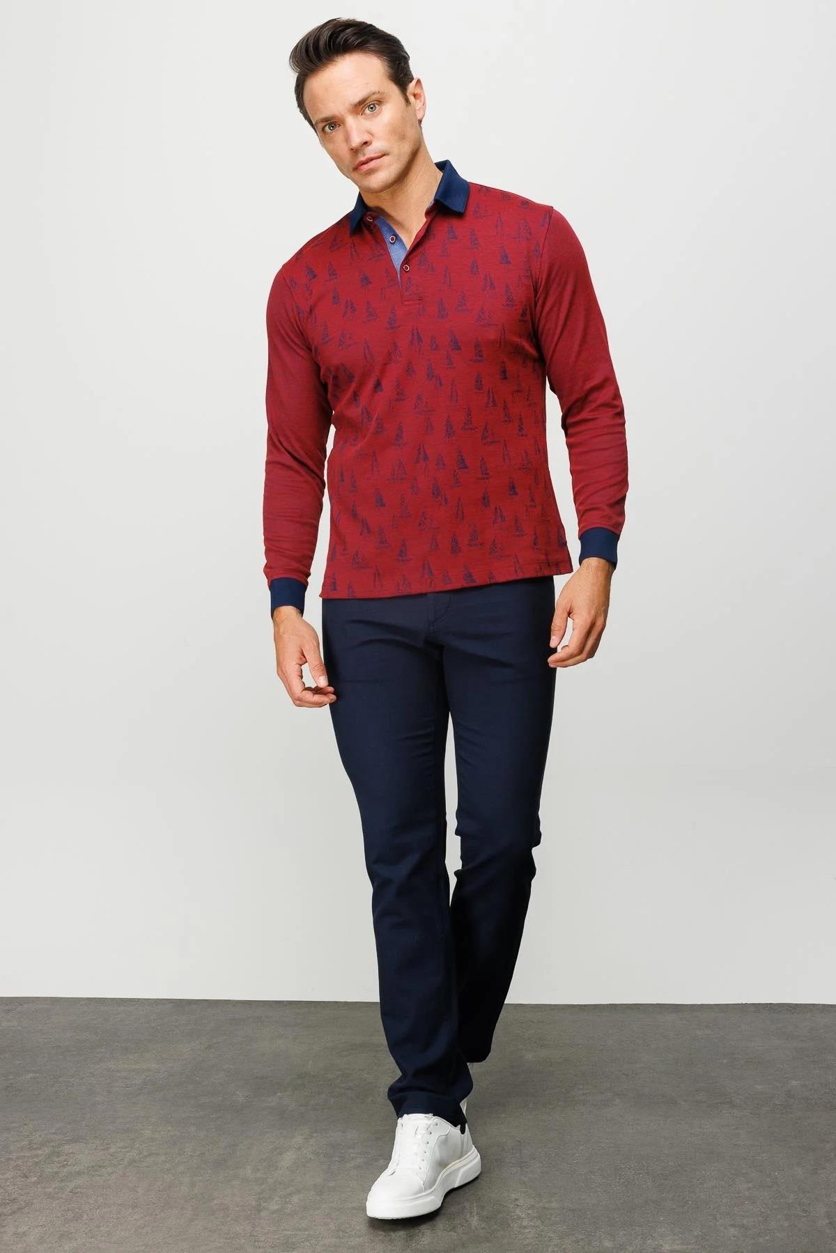 720Erkek Polo Yaka Yelken Desenli Sweatshirt Bordo