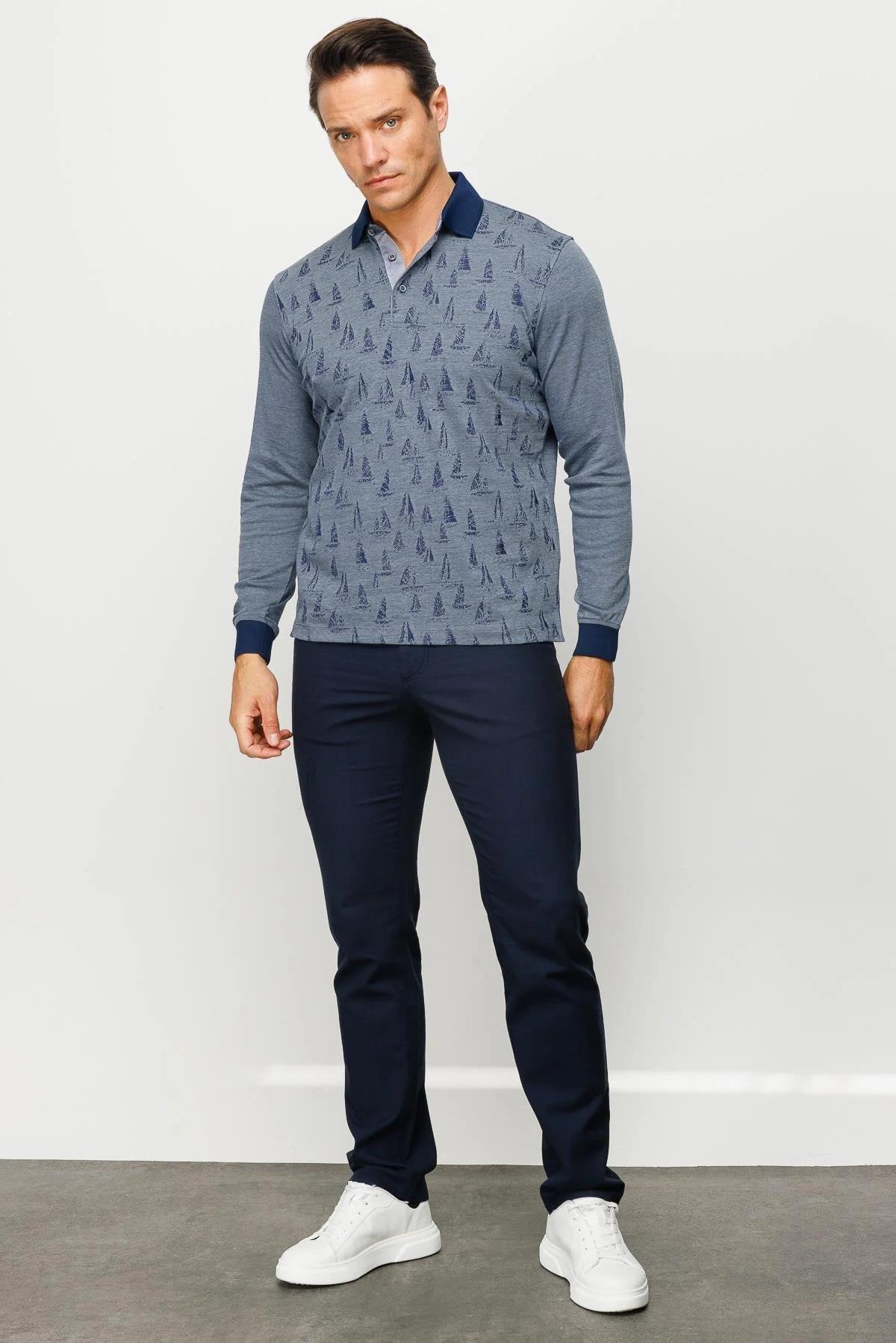 720Erkek Polo Yaka Yelken Desenli Sweatshirt Füme