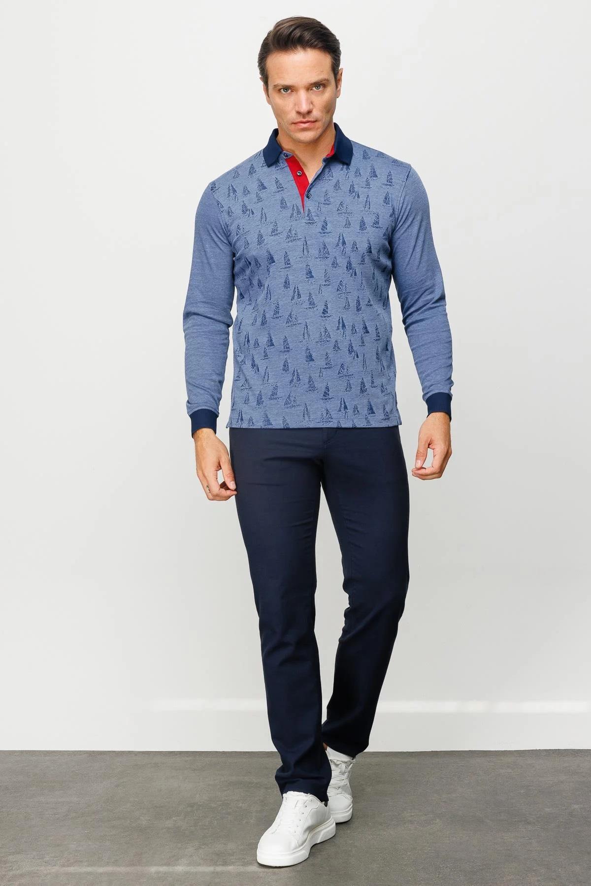 720Erkek Polo Yaka Yelken Desenli Sweatshirt Lacivert