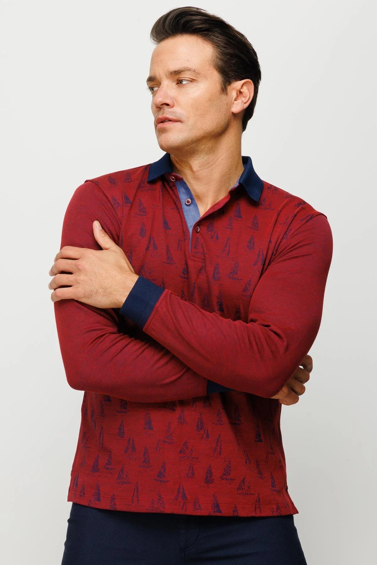720Erkek Polo Yaka Yelken Desenli Sweatshirt Bordo