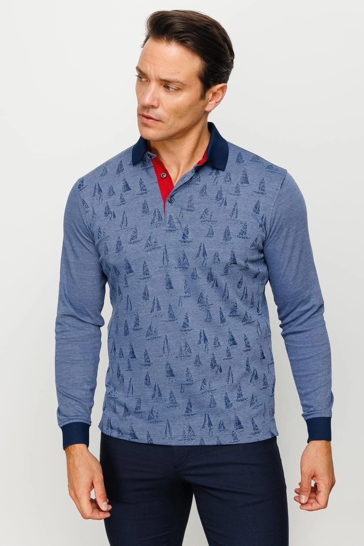 720Erkek Polo Yaka Yelken Desenli Sweatshirt Lacivert