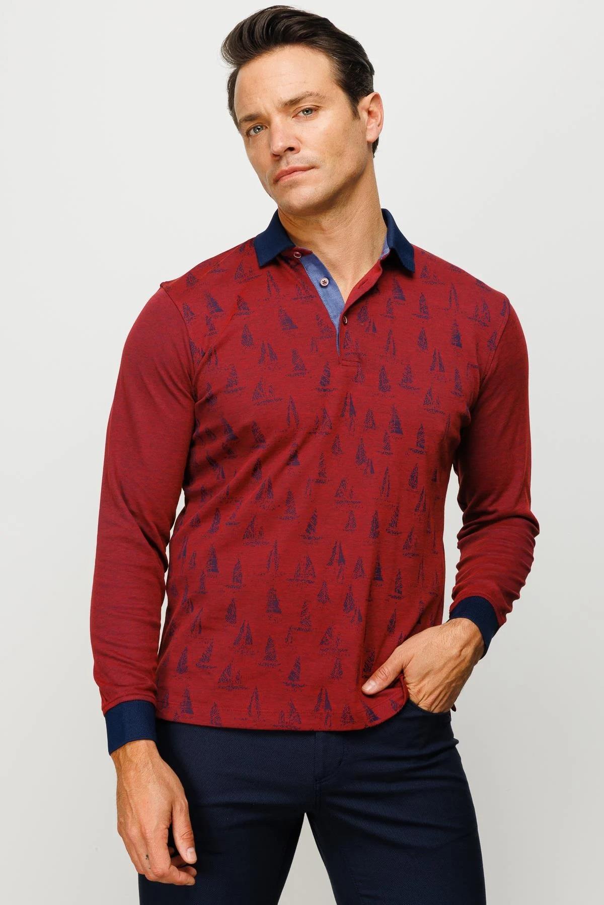 720Erkek Polo Yaka Yelken Desenli Sweatshirt Bordo
